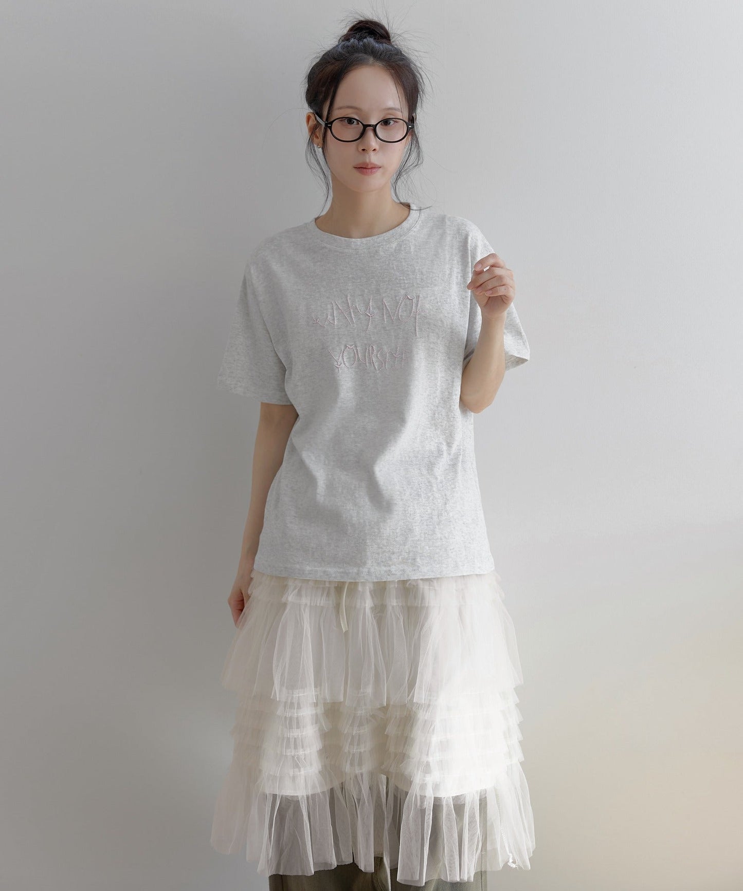ポイントバイカラー刺繍オーバーサイズ半袖Tシャツカットソー