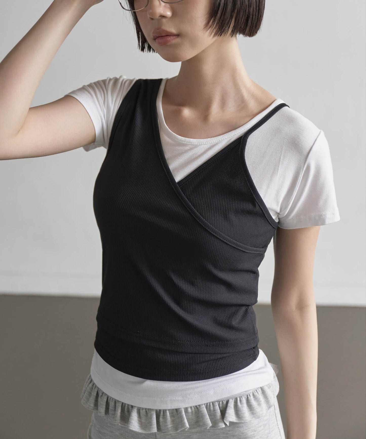 【UNE ORIGINAL】 2WAYユニークラブリーリブキャミソールビスチェ＆インナーTシャツカットソーSET