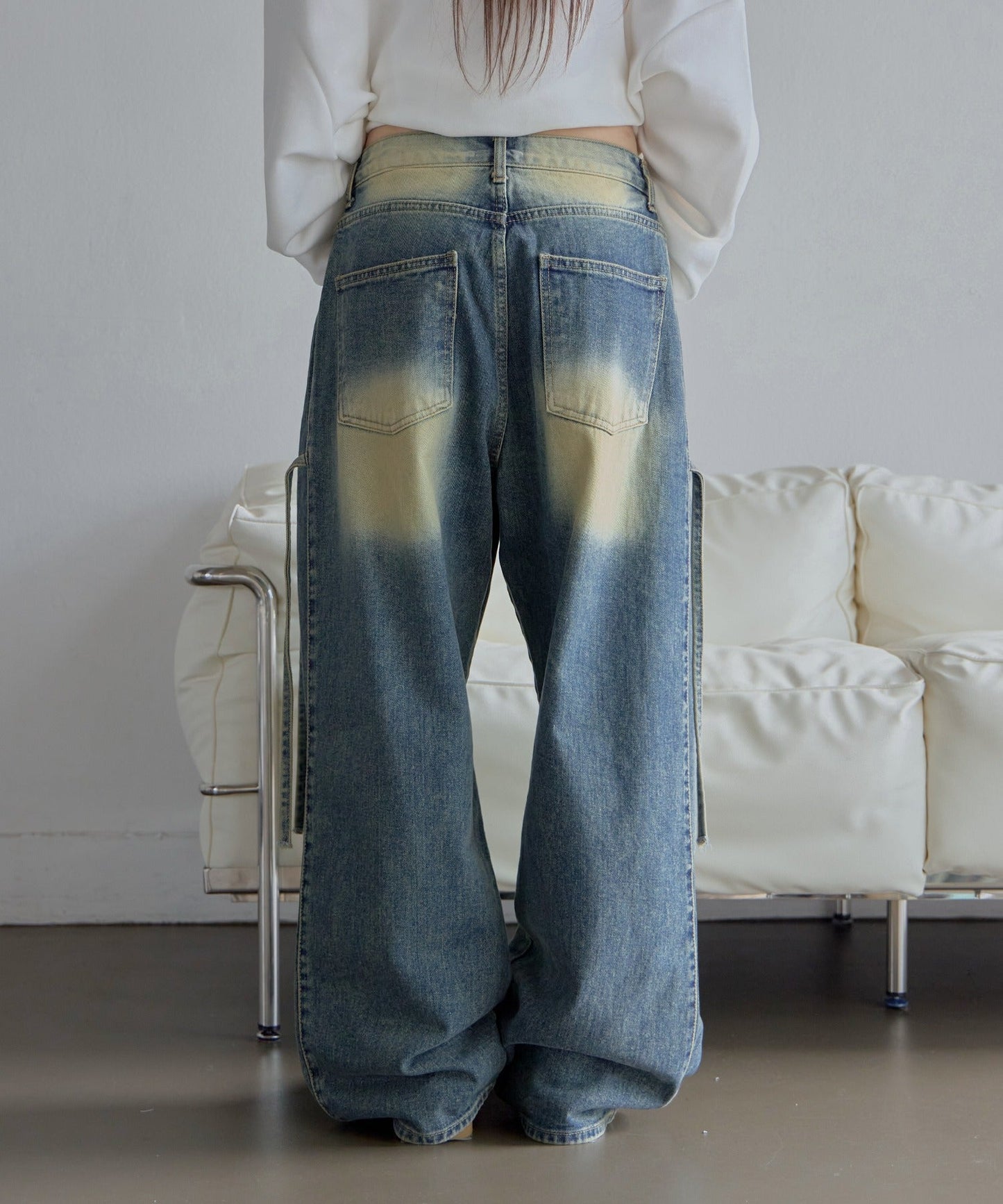 [UNISEX][XS~L][低身長、高身長さんでも！◎]ダーティーキャットブラシウォッシング・サイドピンタックデニムパンツ