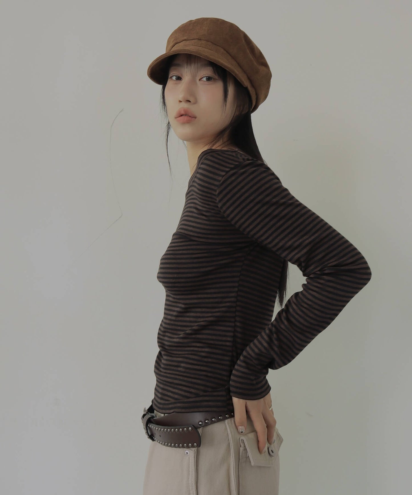 ストライプワンショルダー長袖Tシャツカットソー