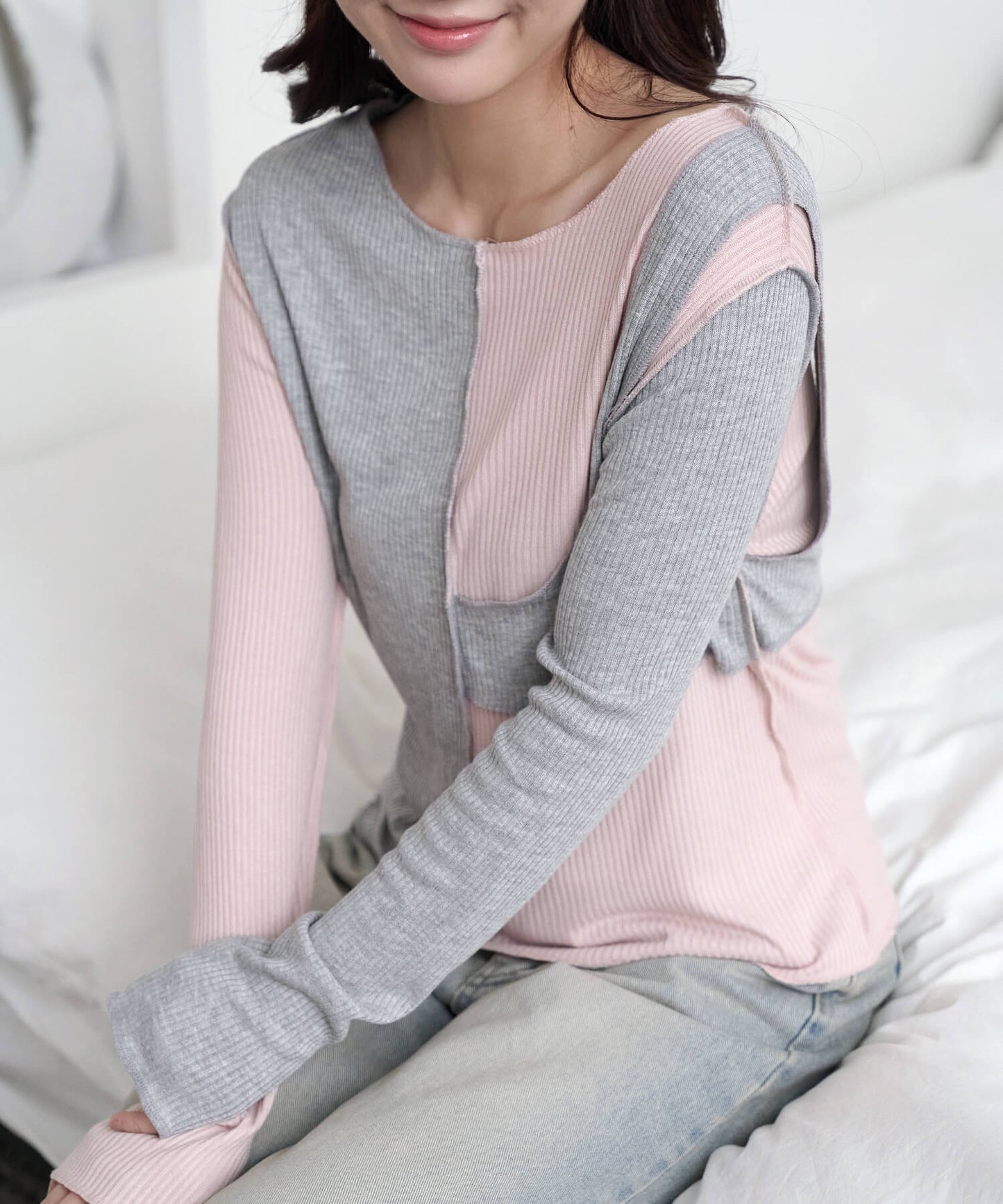 [UNE ORIGINAL]バイカラー異素材アンバランスTシャツカットソー