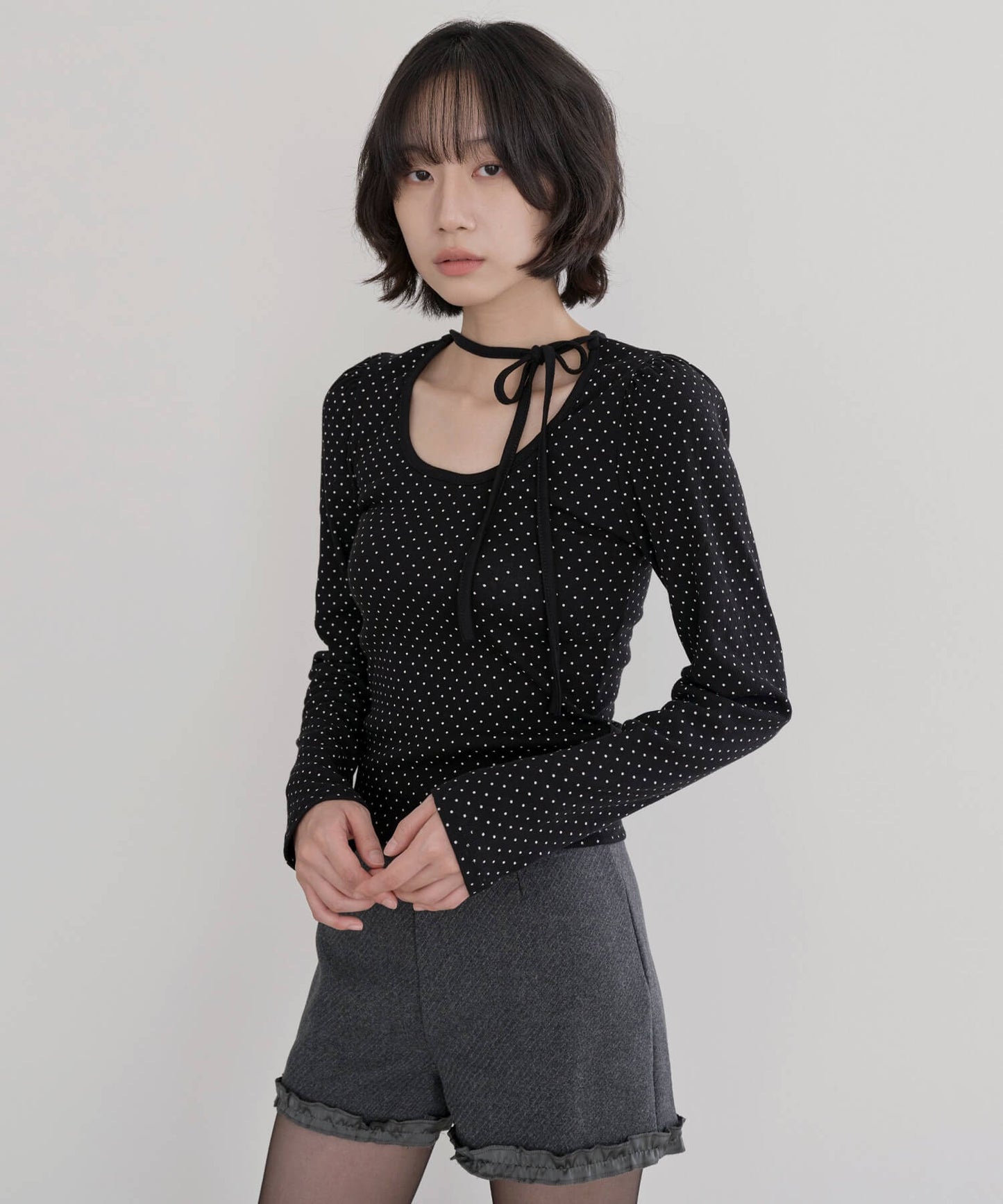 バレエコアラブリーUネックリボンドットショルダーパフ長袖Tシャツカットソー