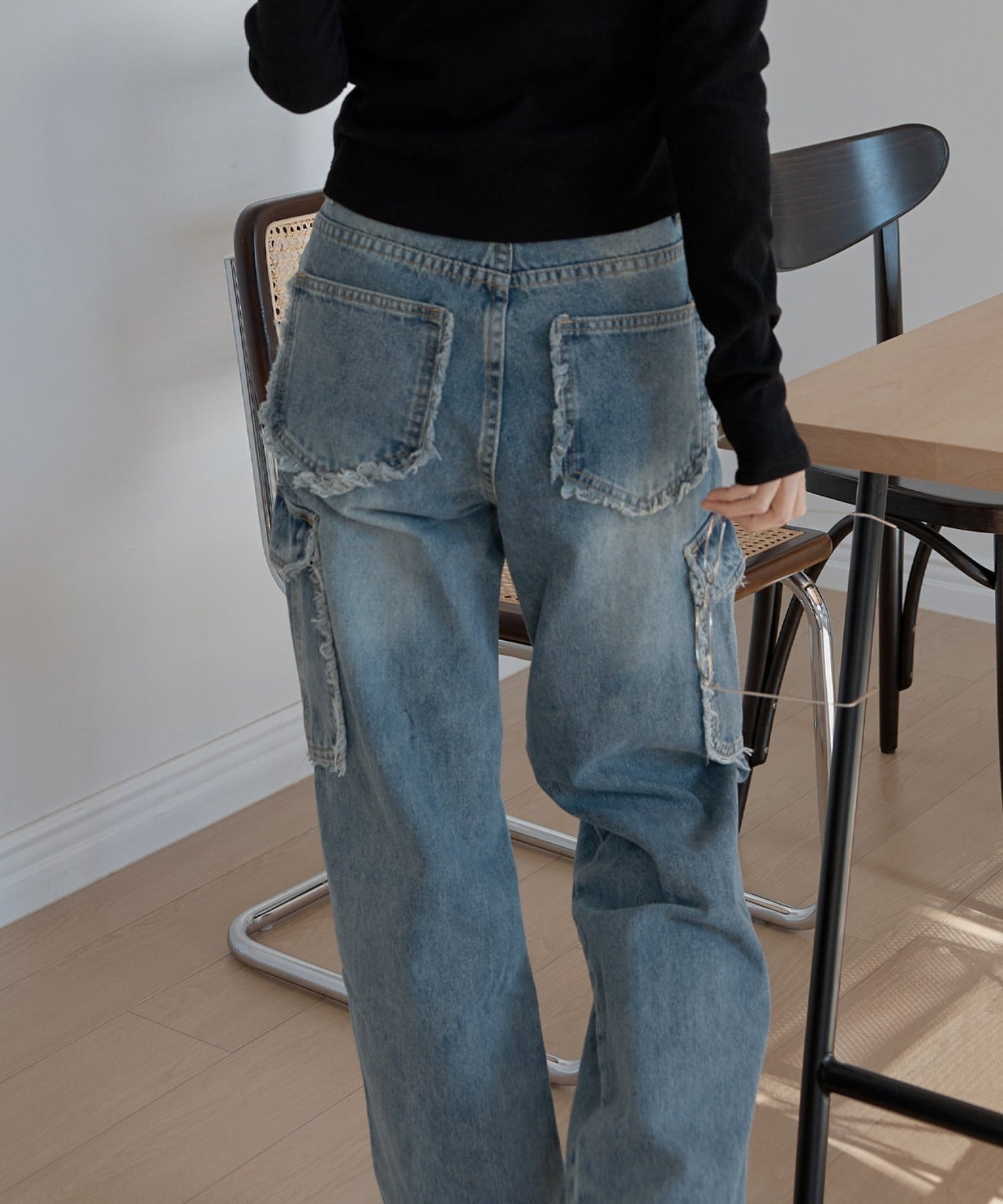 フリンジユニークラインカーゴストレートデニムパンツ