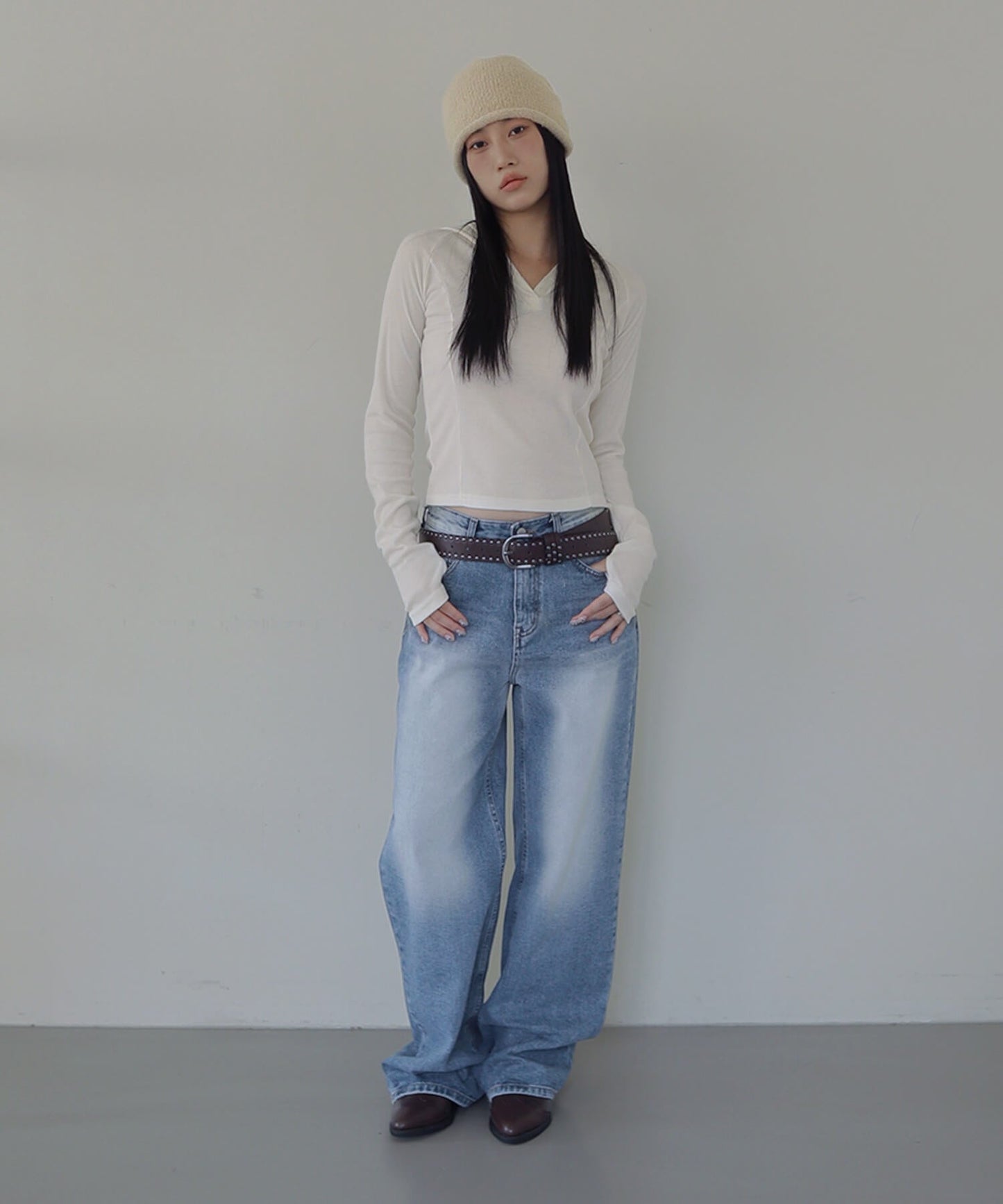 シルバーボタンリブフード長袖Tシャツカットソー