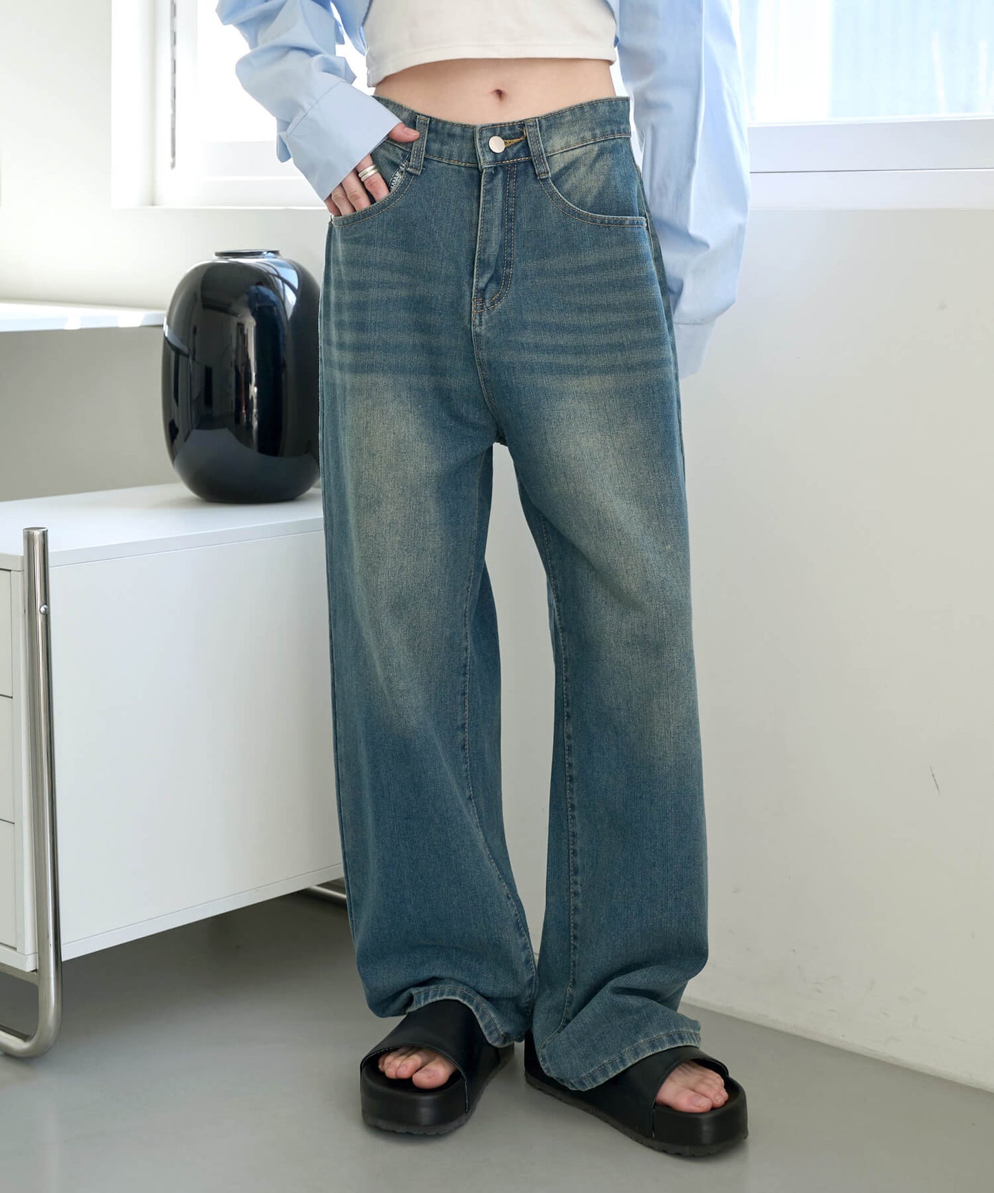 【UNISEX】ウォッシングワイドデニムパンツ