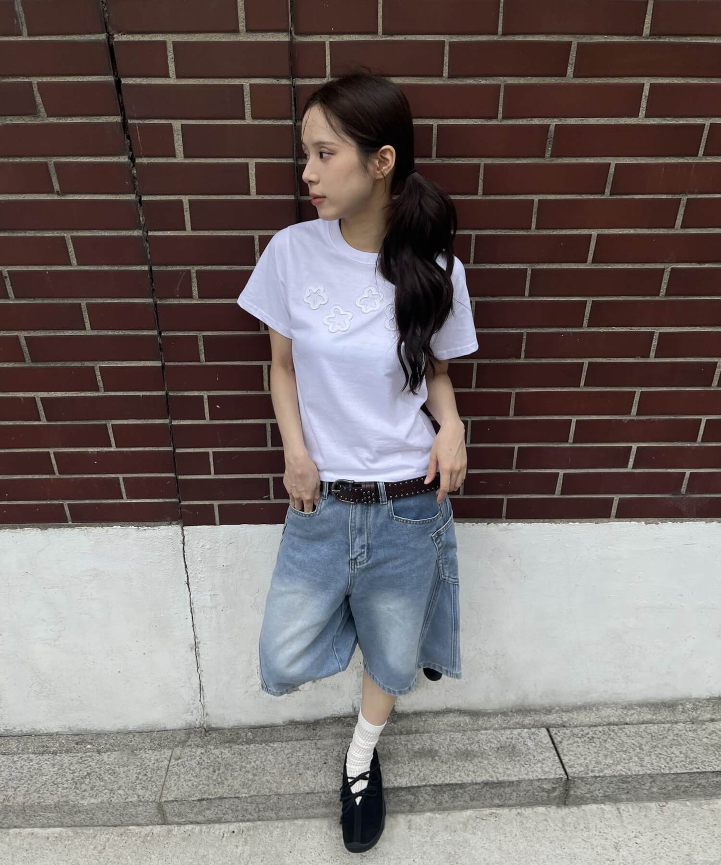 ダッフルフラワーワッペンレタリング半袖Tシャツ