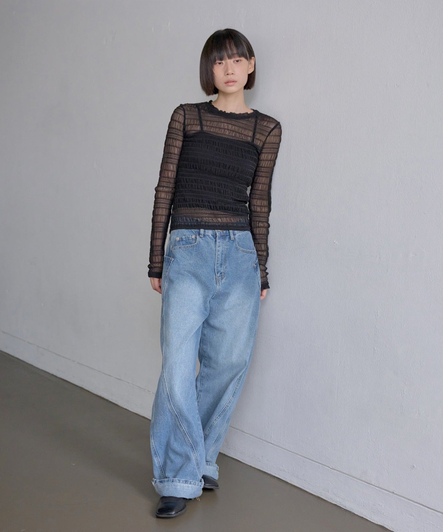 【レイヤード用おすすめ】ユニークボーダースモークシースルーカットソー