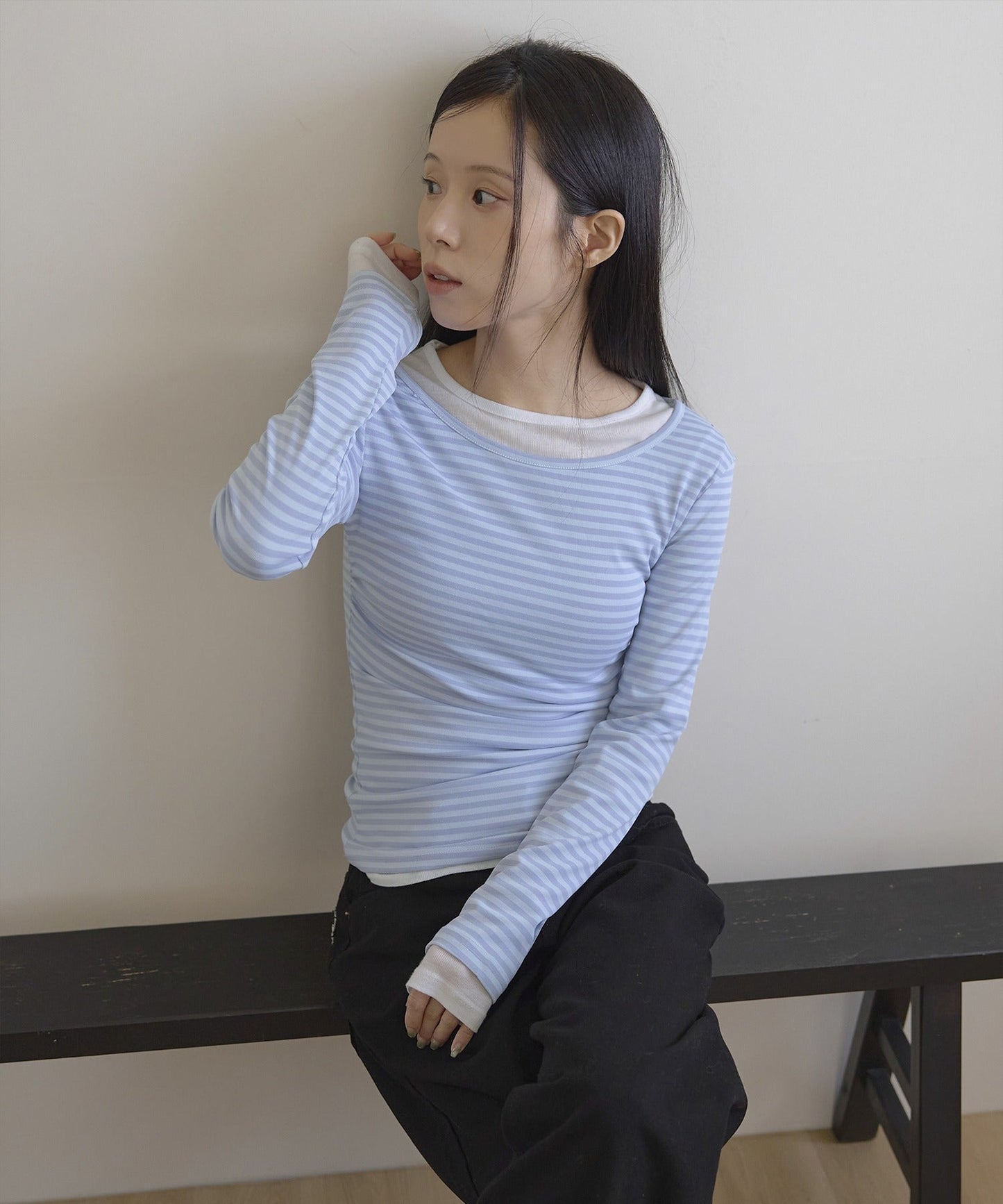 ベーシックルーズネックサイドシャーリングレイヤードストライプTシャツカットソー