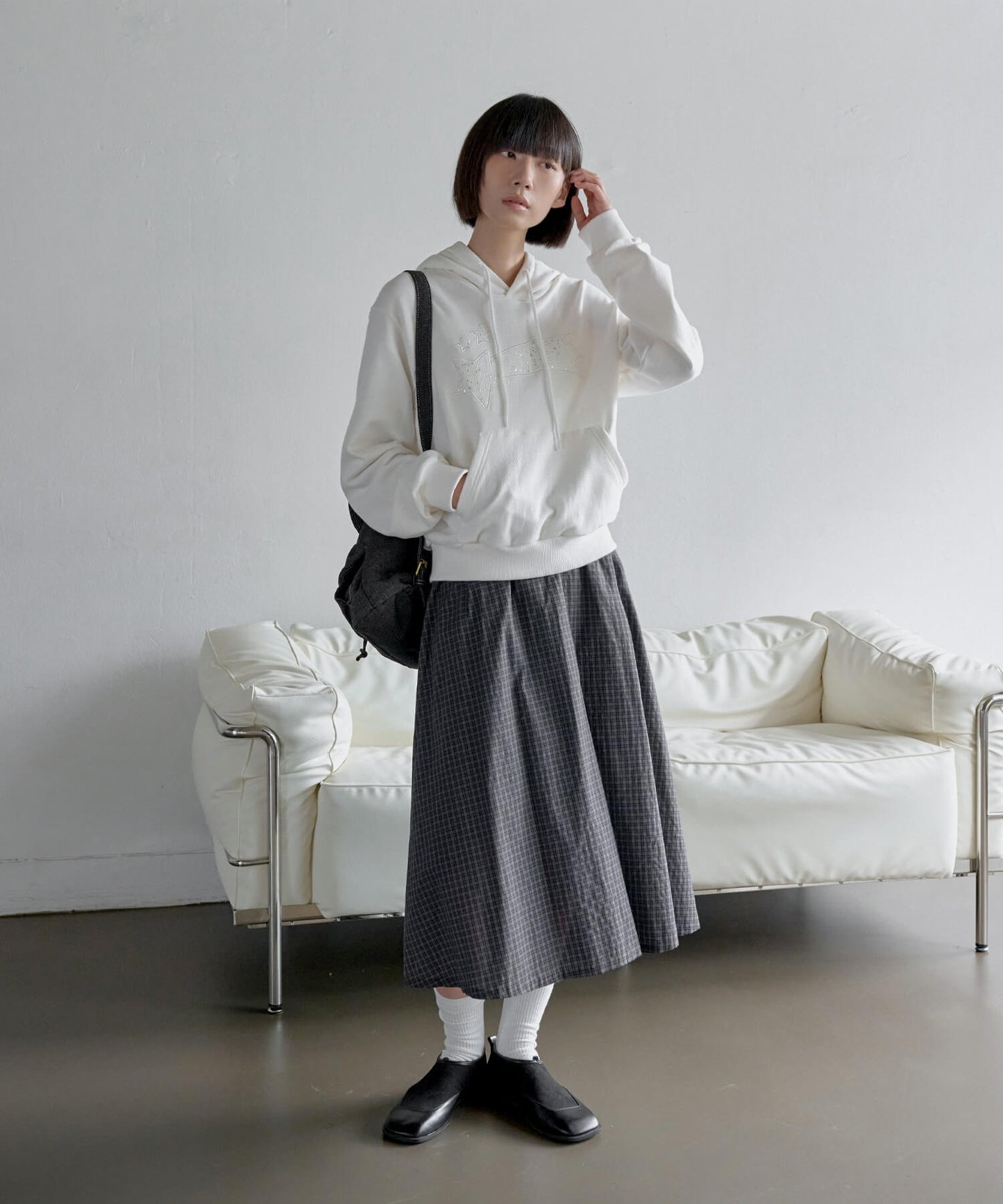 ウエストゴムチェックフレアミディスカート