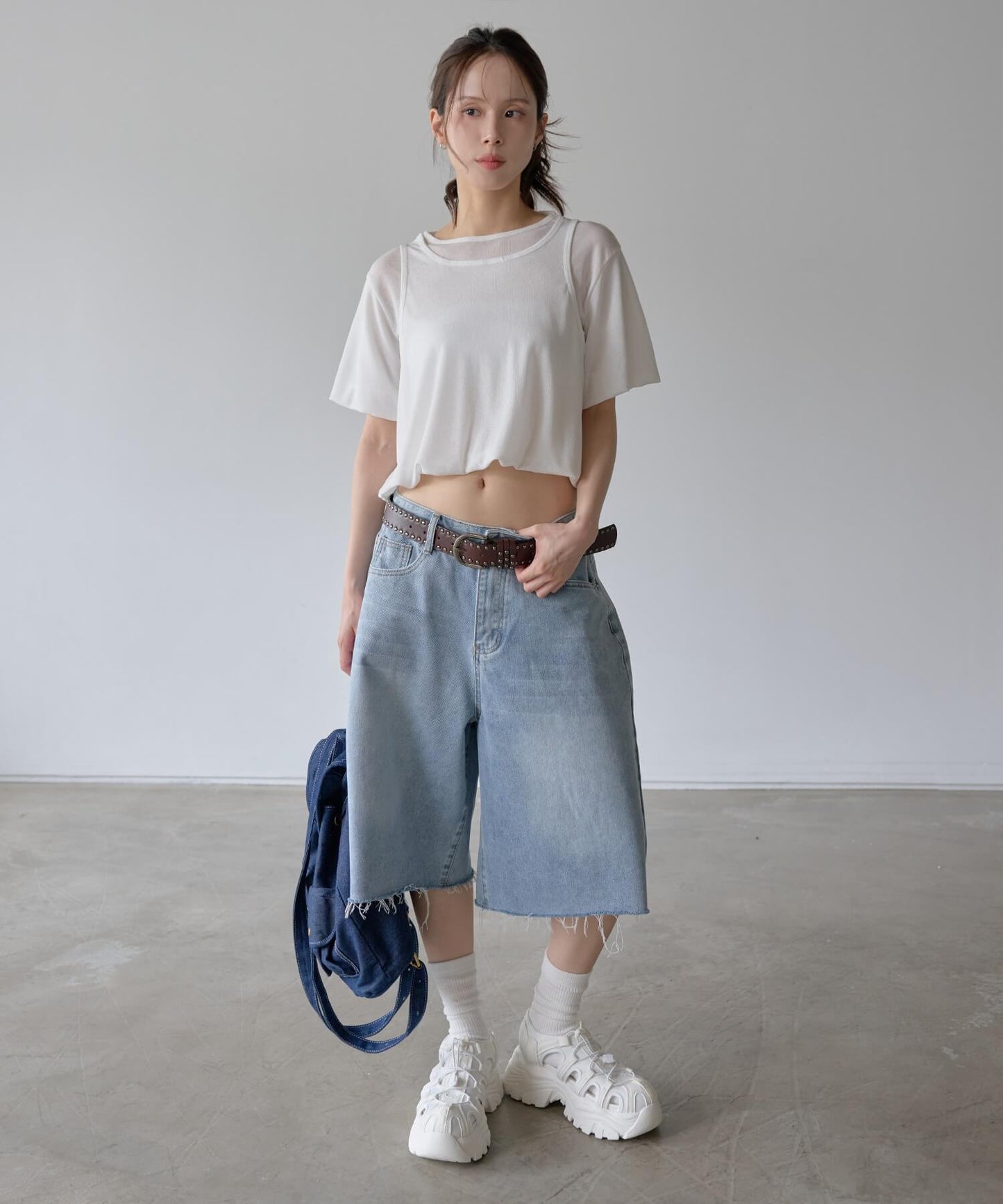 パステルキャンディレイヤードシースルーバルーンセミクロップドTシャツブラウスカットソー