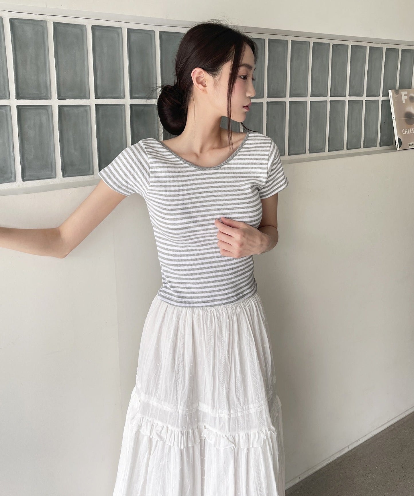 バックストリングUネックボーダーリブニット半袖Tシャツ