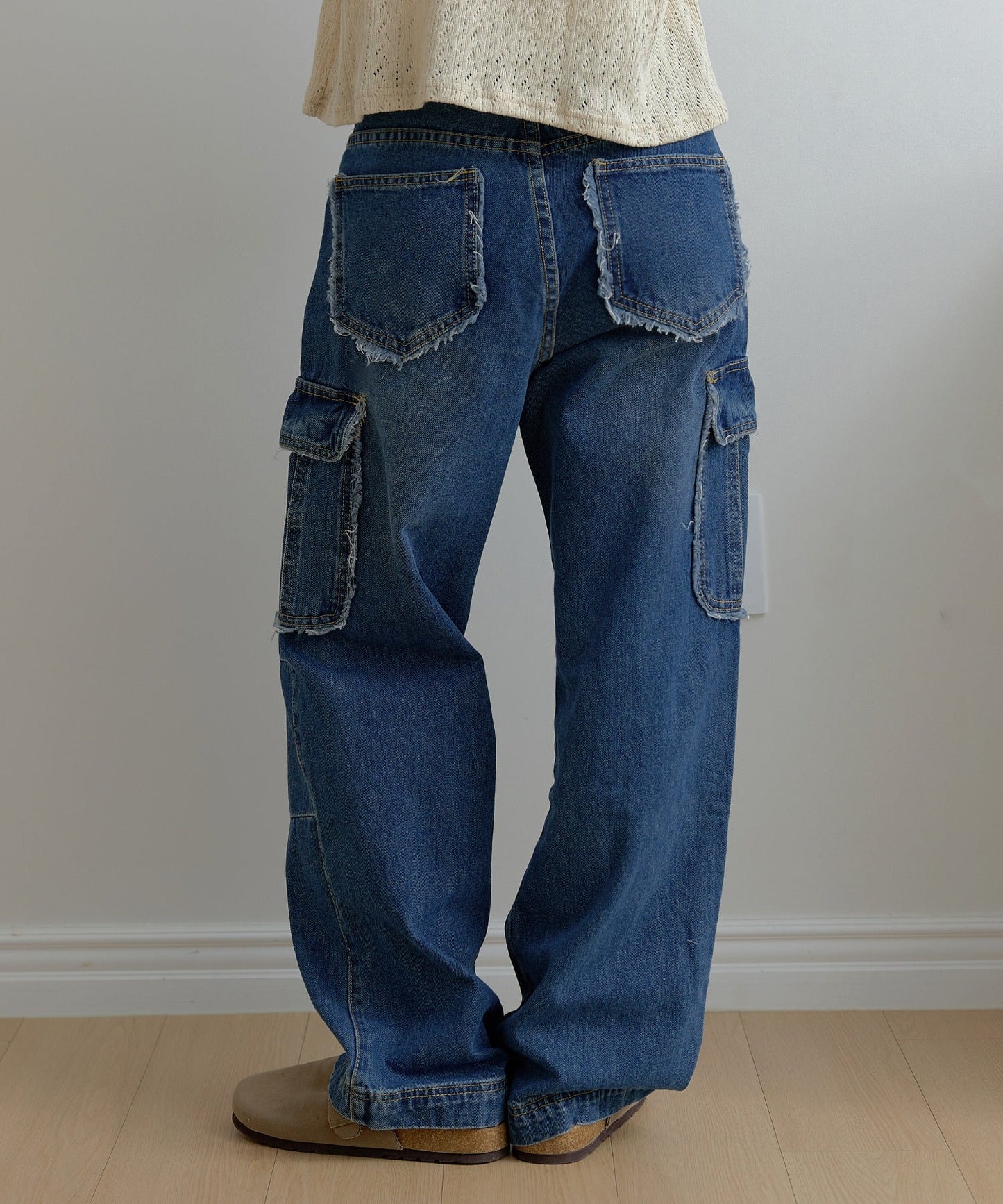 フリンジユニークラインカーゴストレートデニムパンツ
