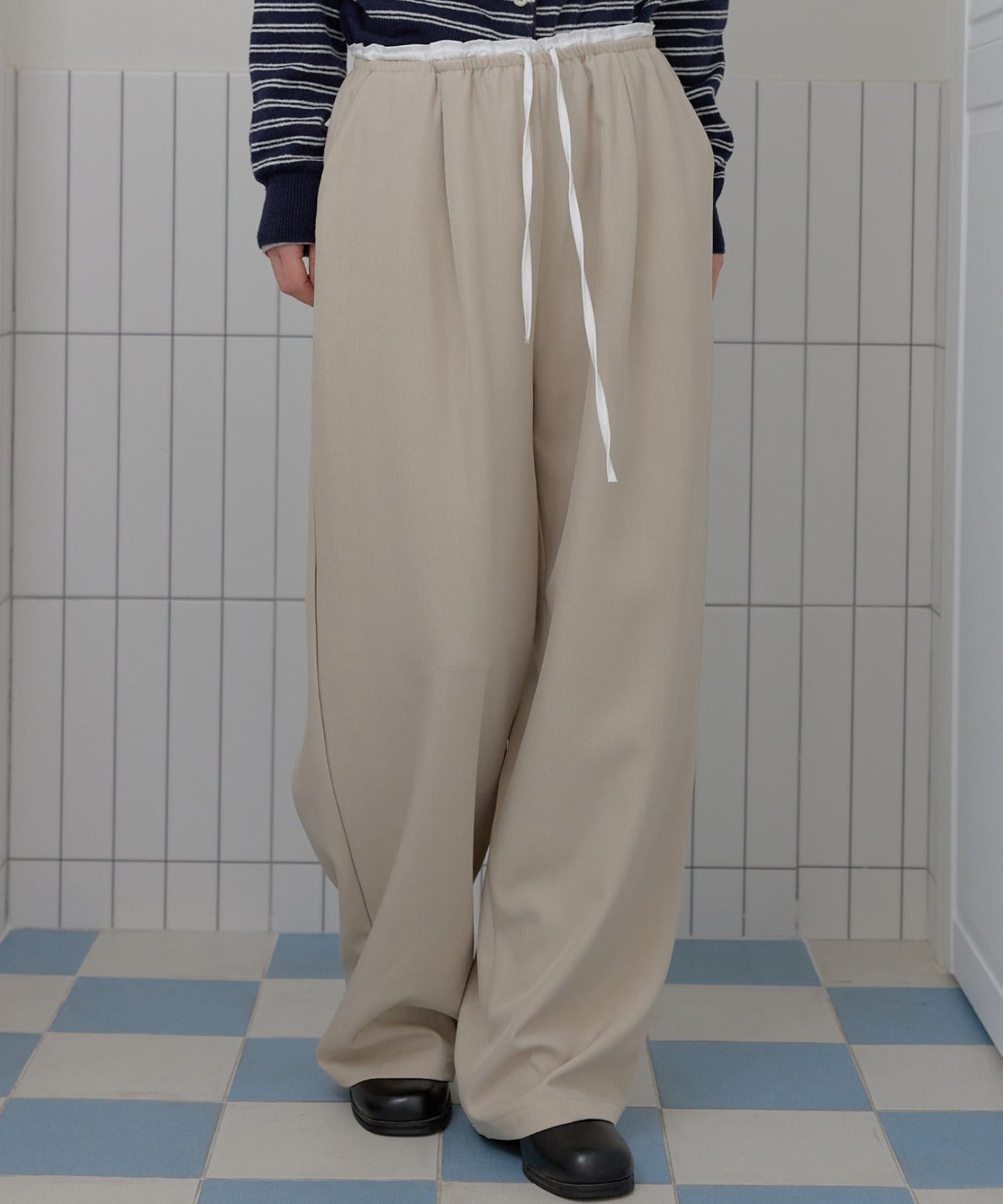 バイカラーウエストレースストリングゴムレイヤードワイドスラックス