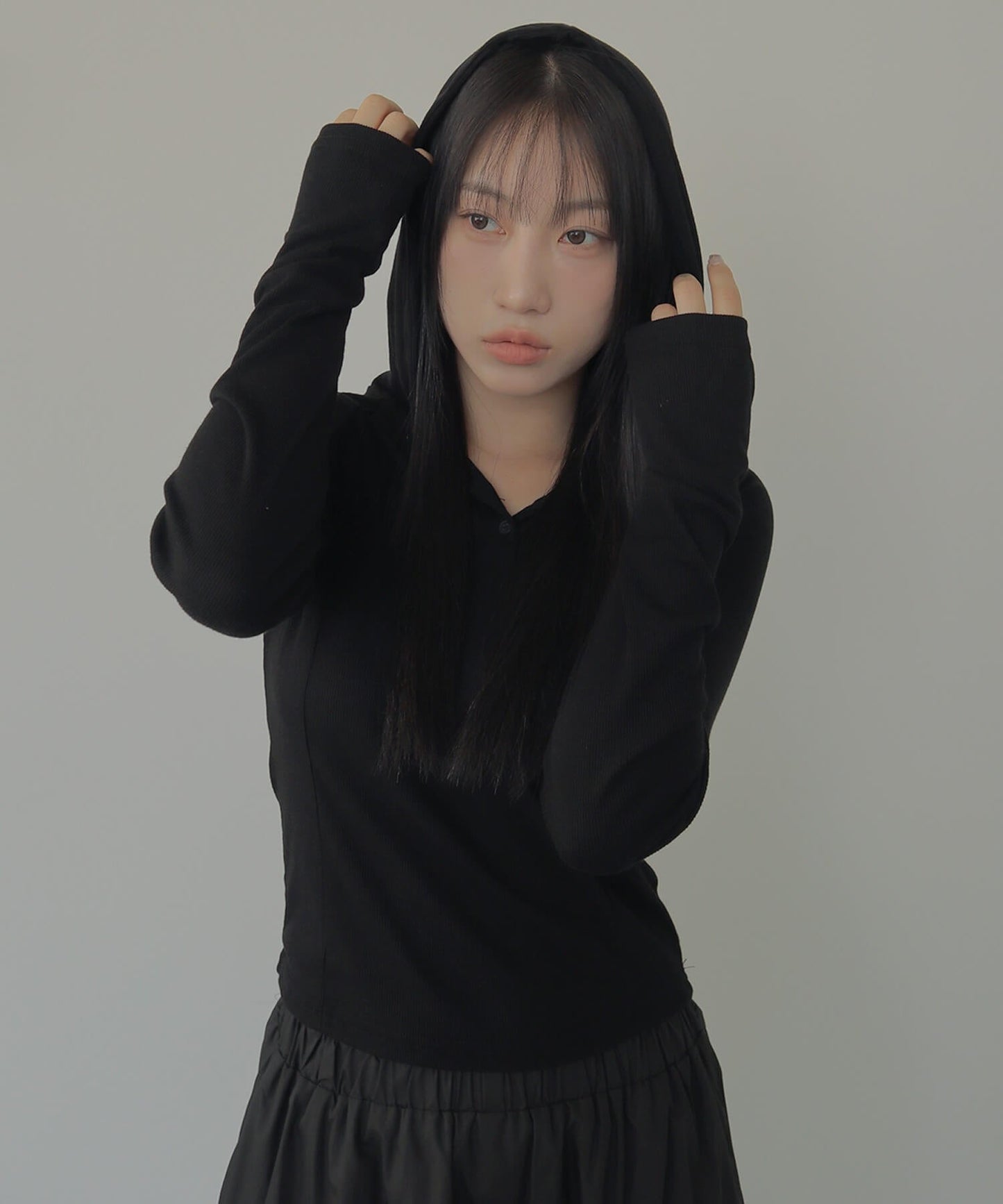 シルバーボタンリブフード長袖Tシャツカットソー