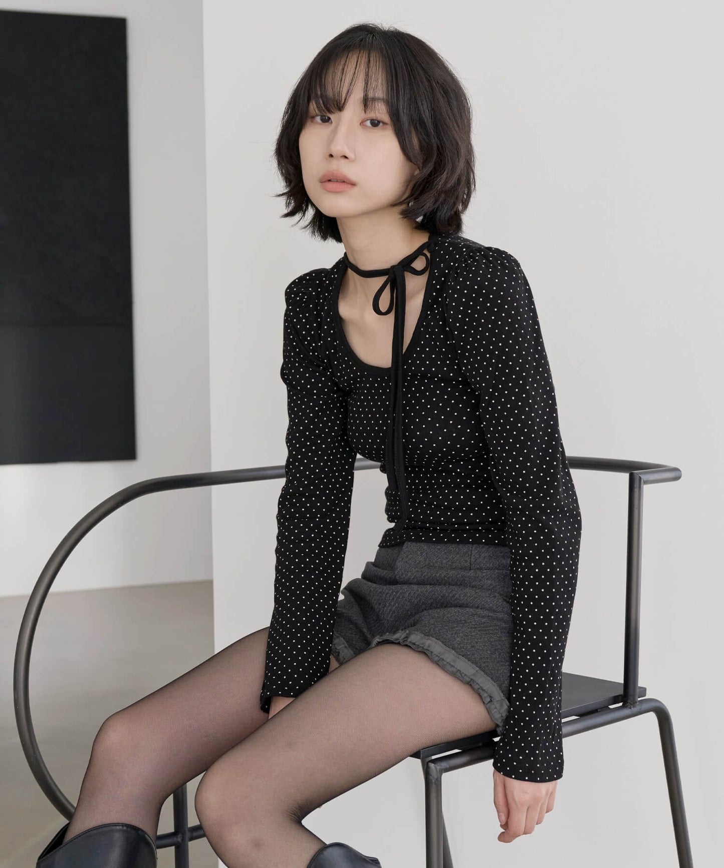 バレエコアラブリーUネックリボンドットショルダーパフ長袖Tシャツカットソー