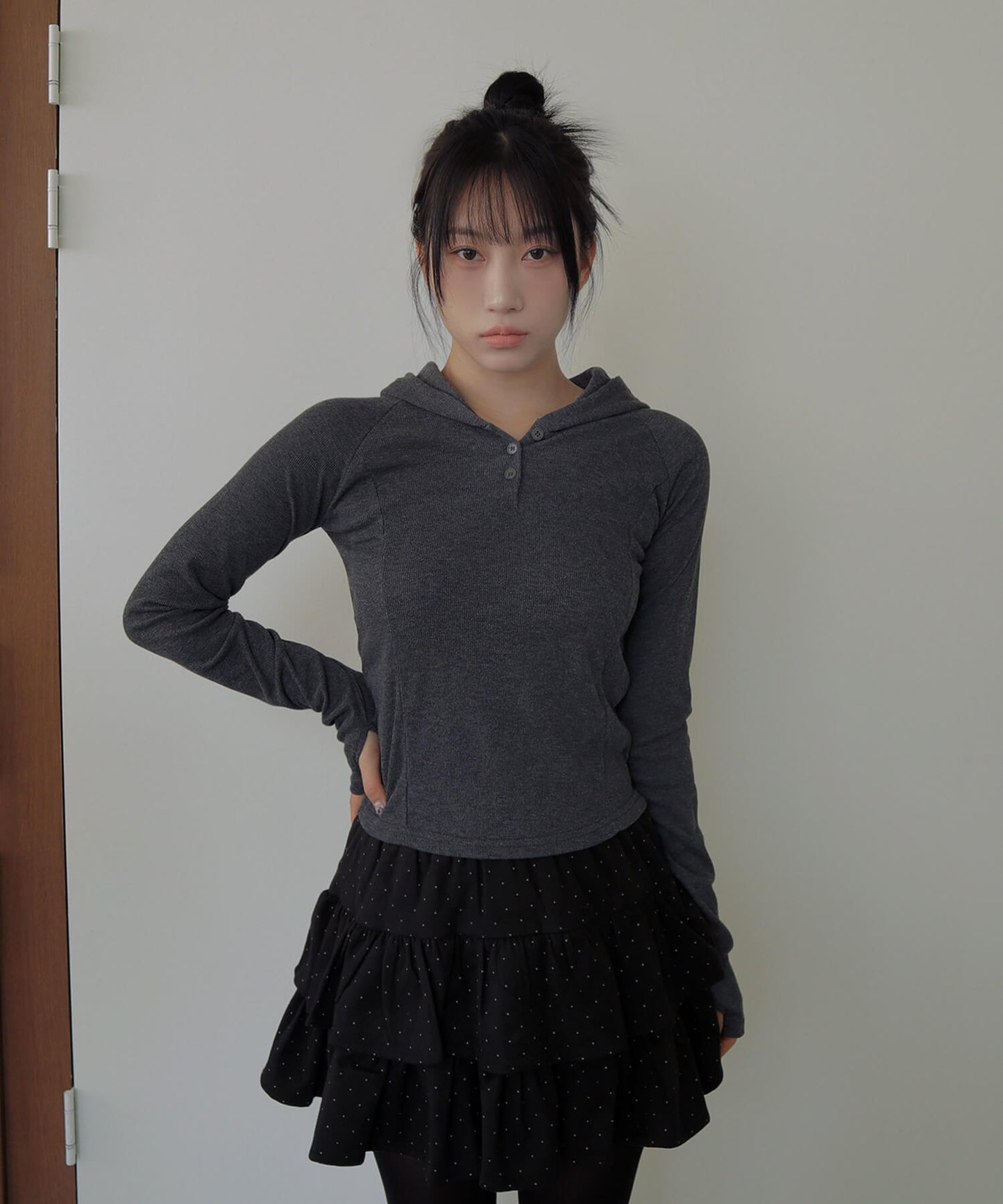 シルバーボタンリブフード長袖Tシャツカットソー