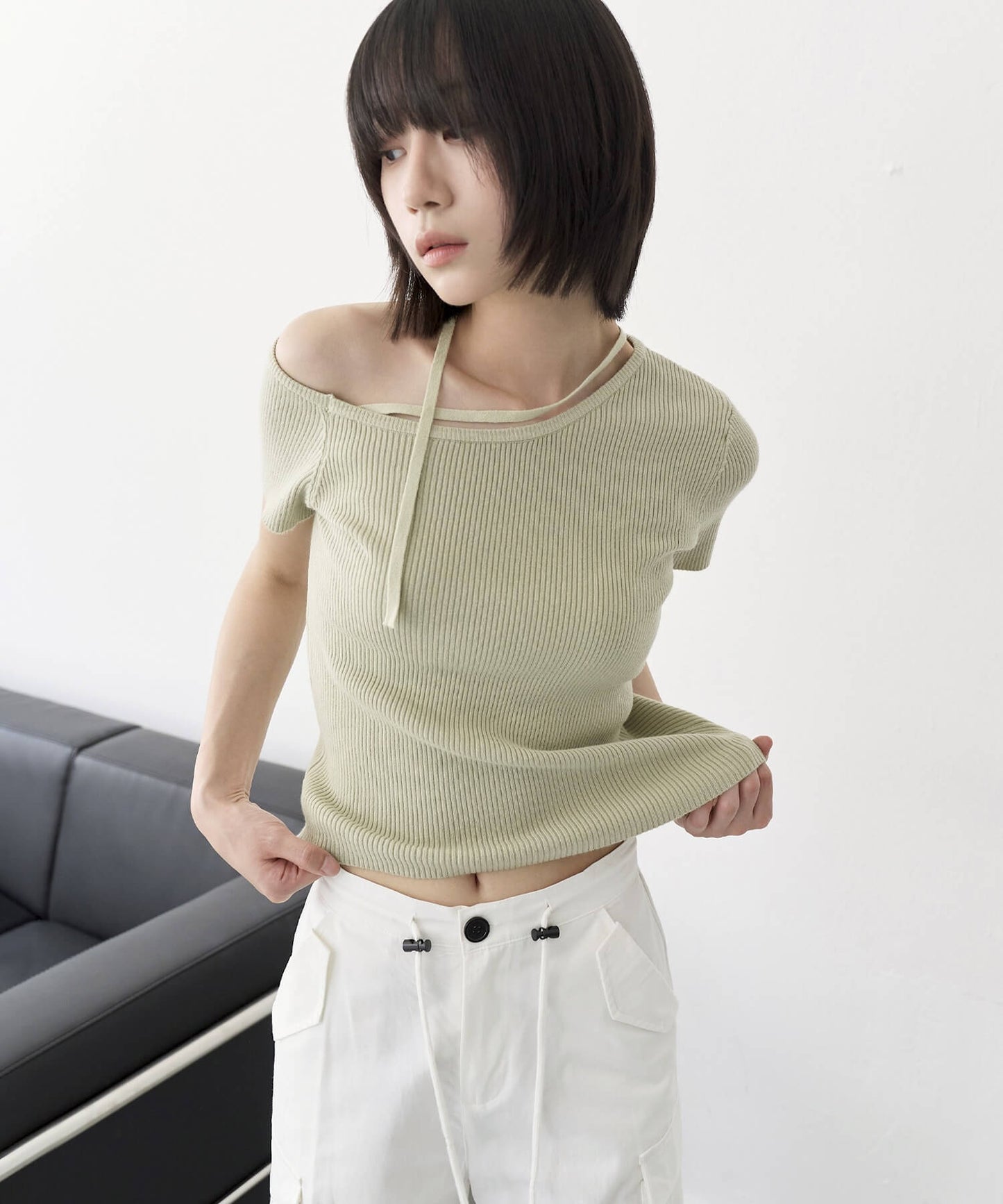 [UNE ORIGINAL]ワンオフショルダーストリングリボンサマーニットTシャツカットソー