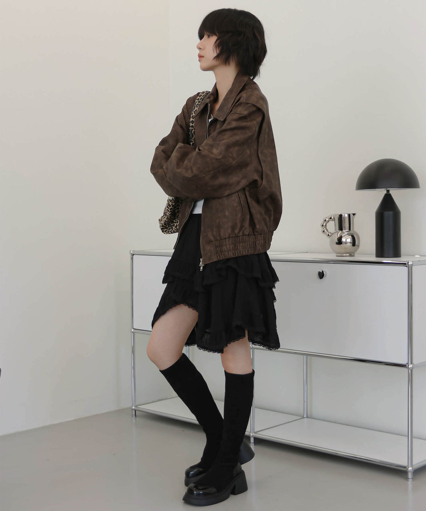 【ショート丈/ロング丈】異素材ラウンド厚底8cmスウェードレザースリムブーツ