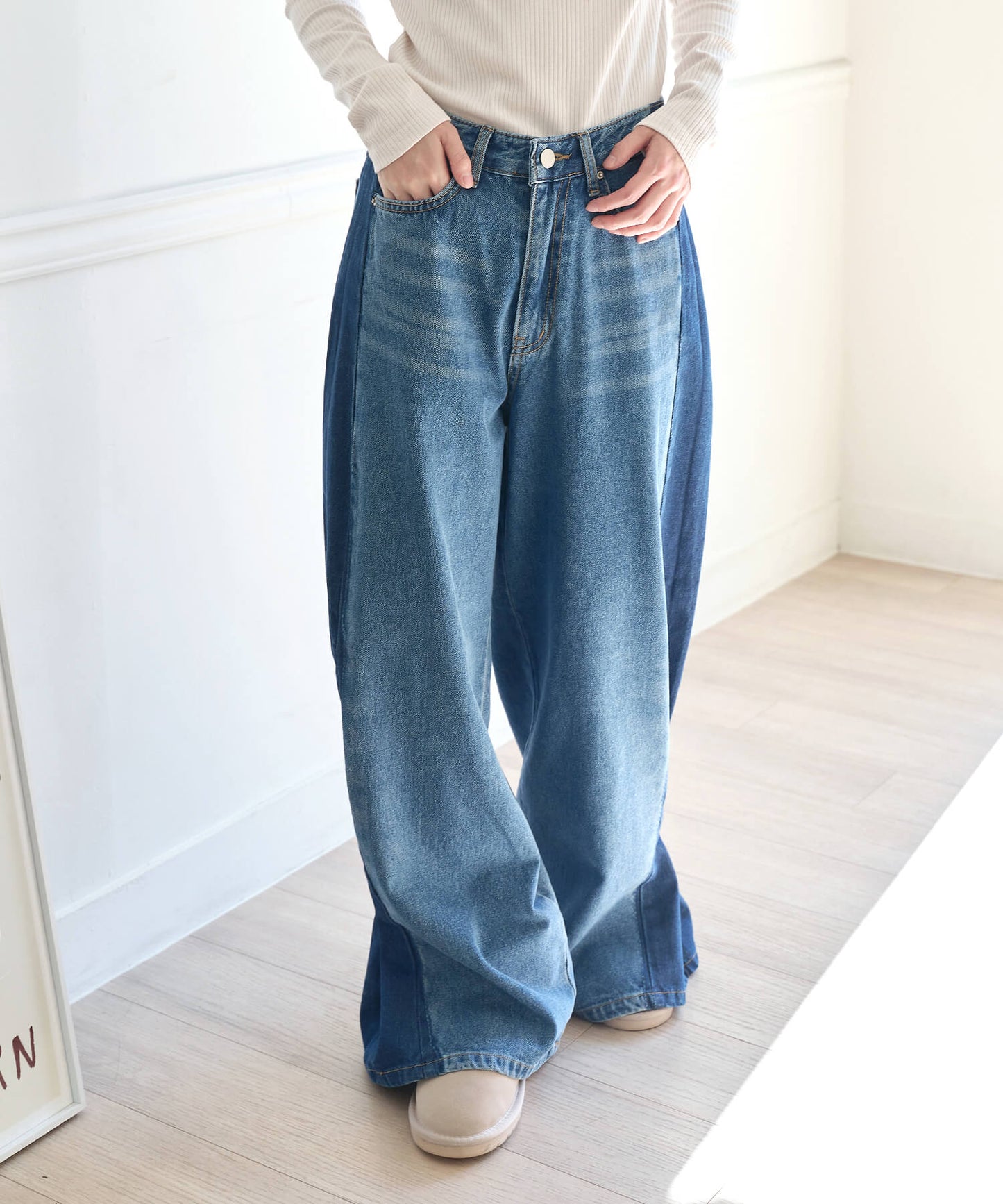 [UNE ORIGINAL] 2WAYバイカラー配色ウォッシングスリムワイドデニムパンツ