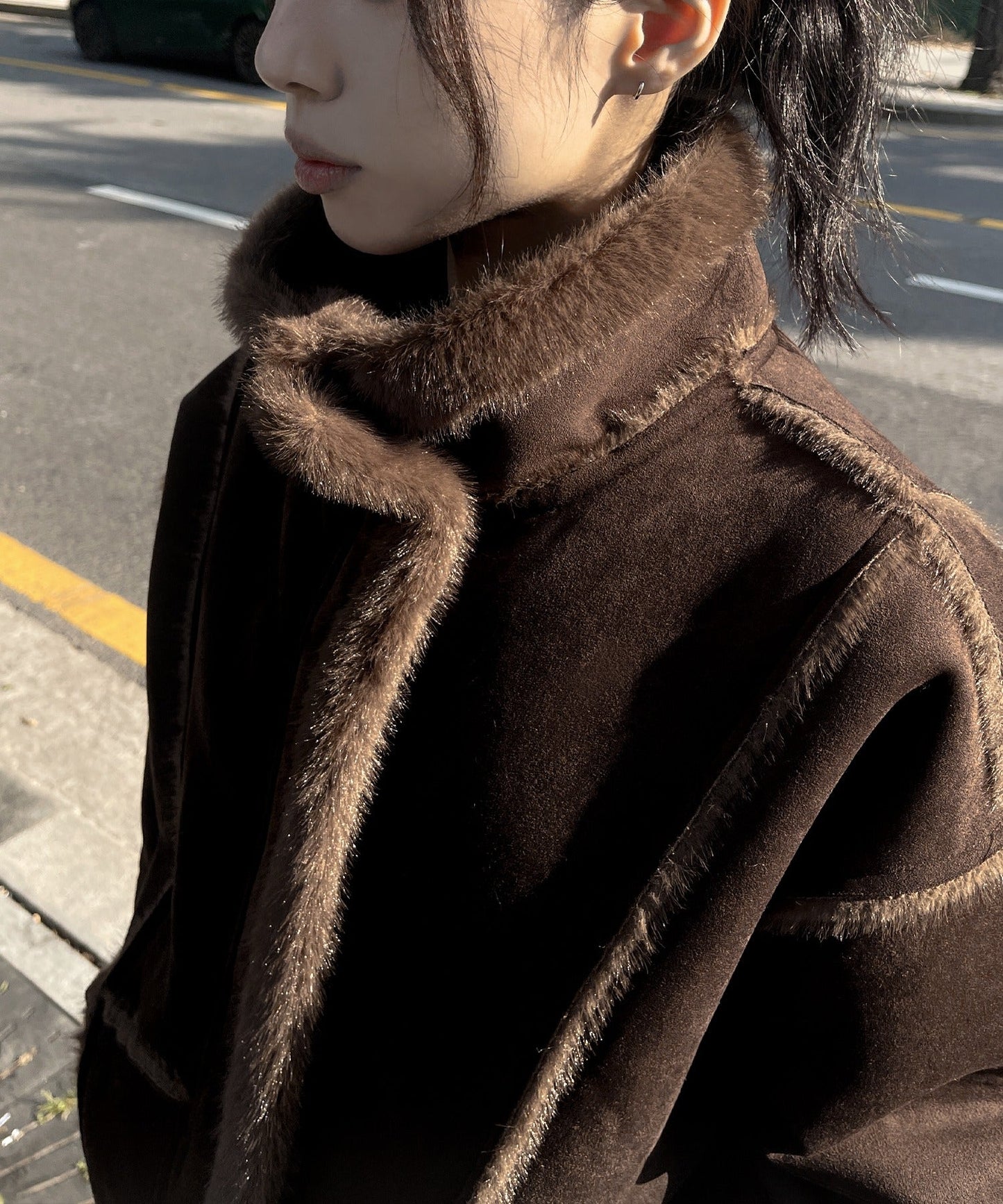 【ハイネック＆襟ありを楽しめる2way仕様】バイカラーラインハイネックムートンコート