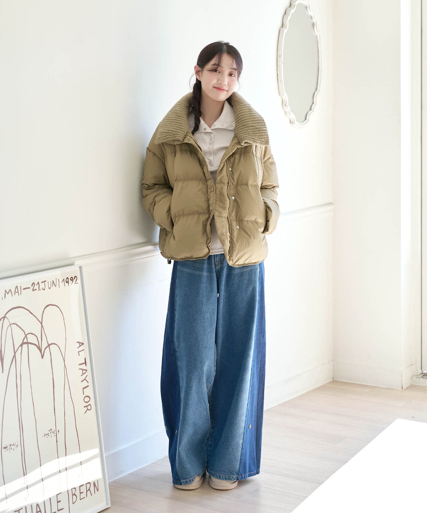 [UNE ORIGINAL] 2WAYバイカラー配色ウォッシングスリムワイドデニムパンツ