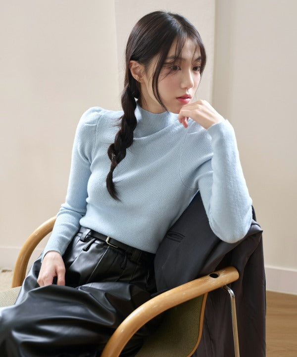 【７色展開】ハイネックショルダーパフパステルカラーニット