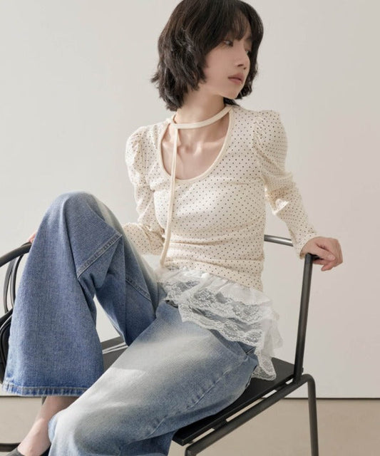 バレエコアラブリーUネックリボンドットショルダーパフ長袖Tシャツカットソー