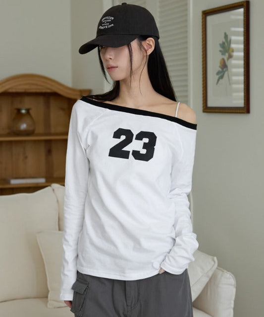 【オフショルダー/ワンショルダー2WAY着用可能】バイカラーナンバリング長袖Tシャツカットソー