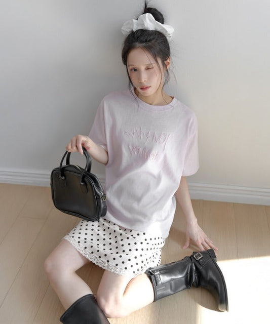 ポイントバイカラー刺繍オーバーサイズ半袖Tシャツカットソー