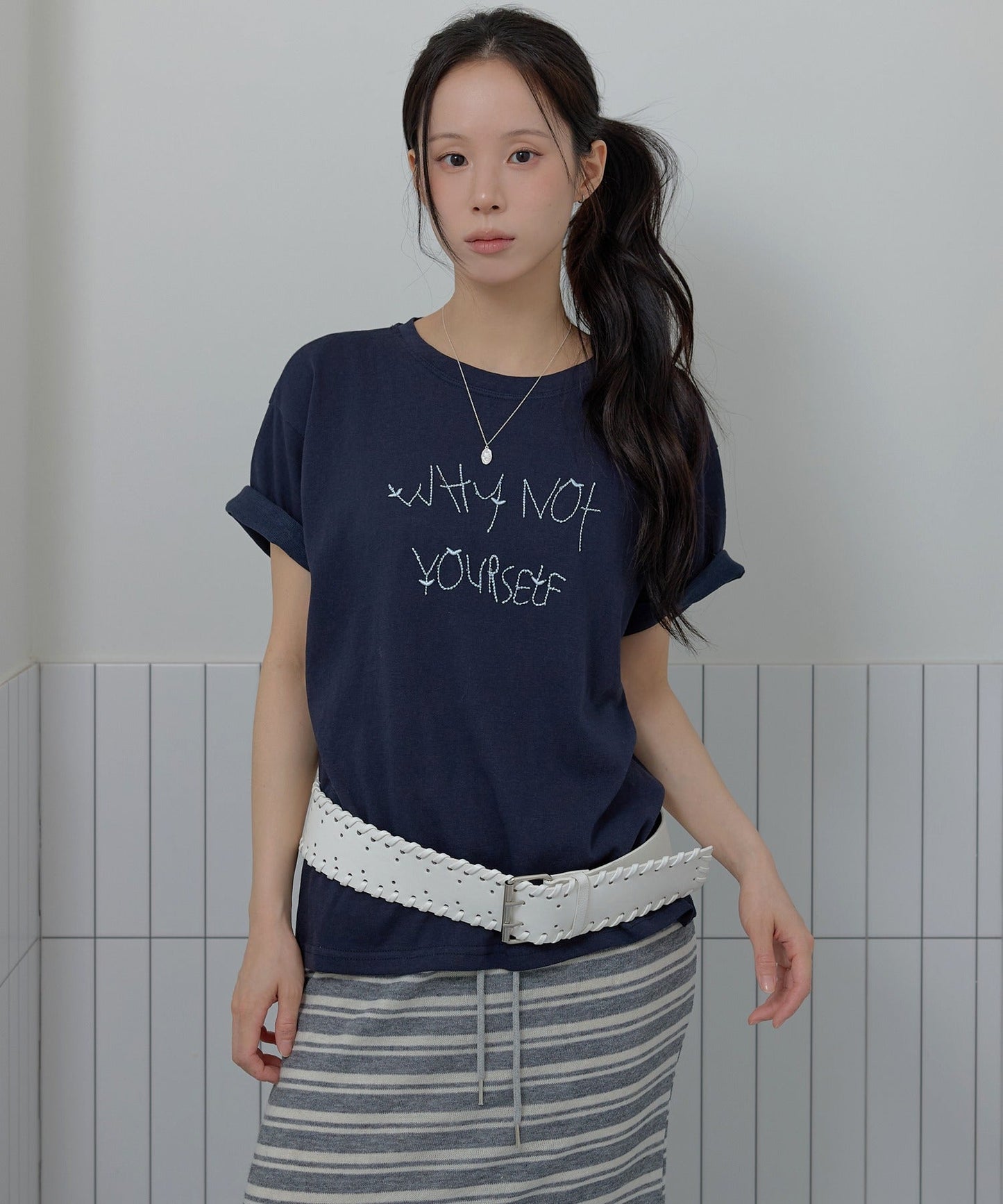 ポイントバイカラー刺繍オーバーサイズ半袖Tシャツカットソー