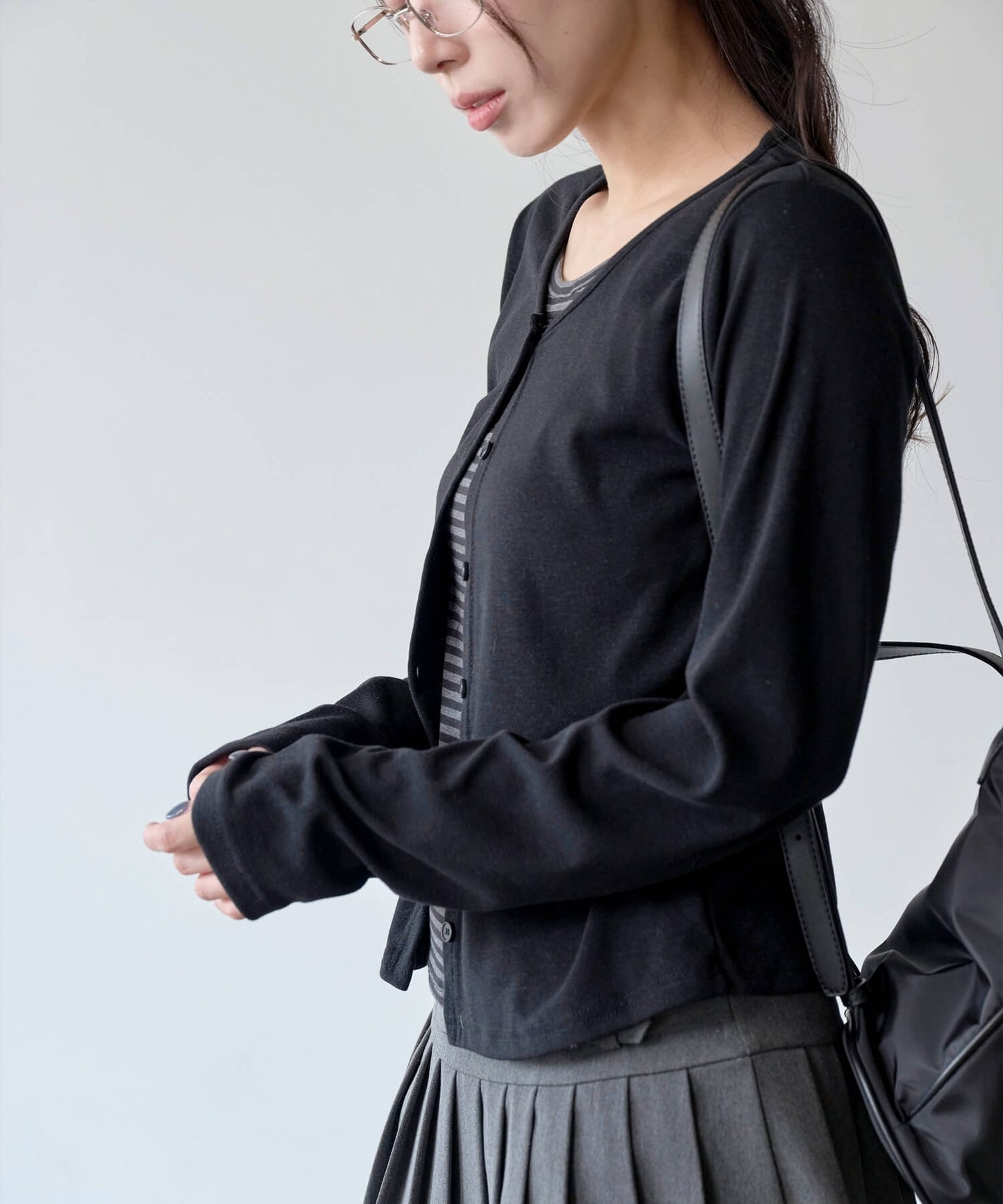 ラウンドネックストライプレイヤードカーディガンTシャツカットソー