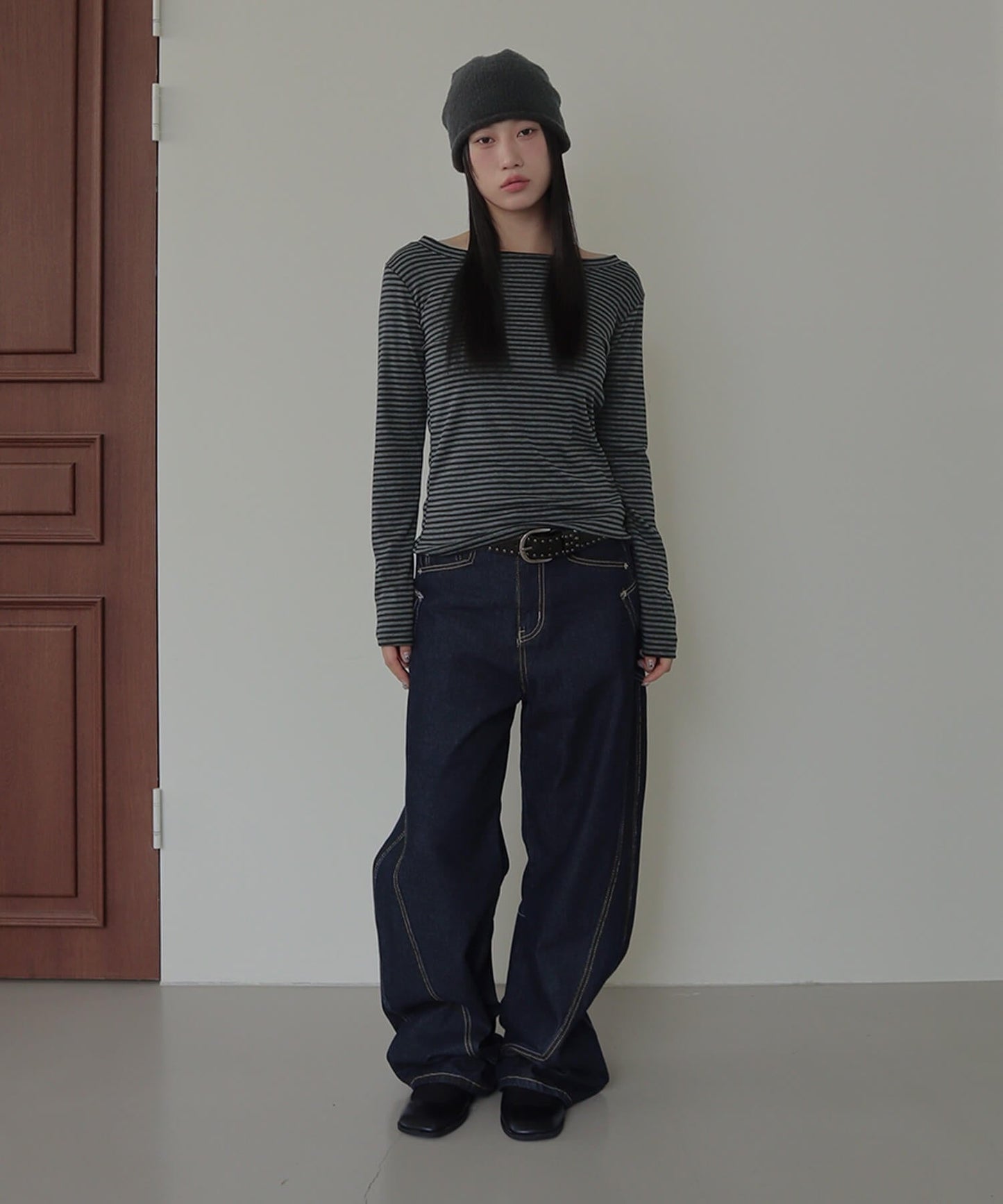 ストライプワンショルダー長袖Tシャツカットソー
