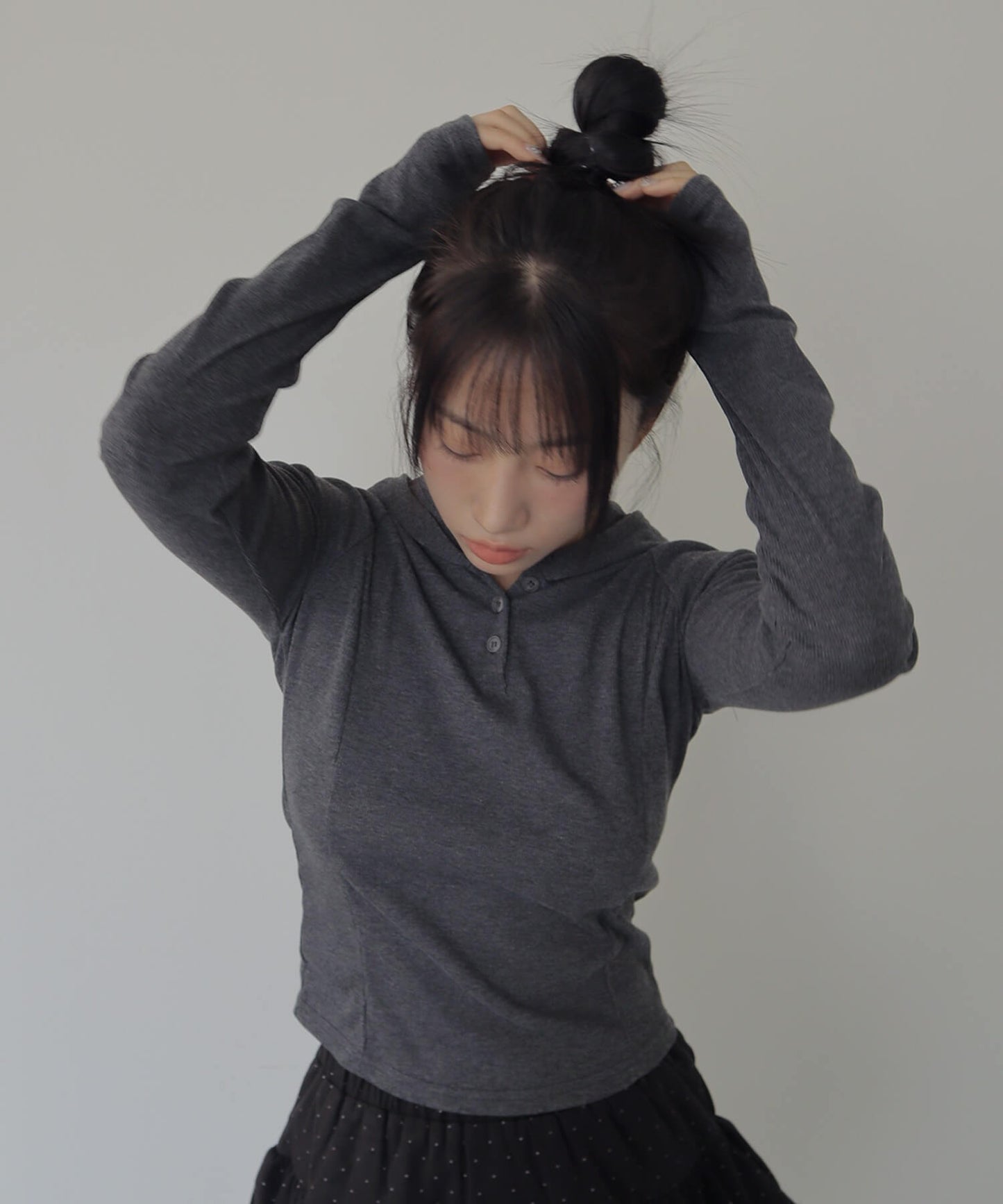 シルバーボタンリブフード長袖Tシャツカットソー