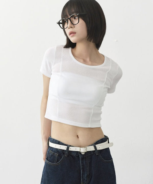 フロントダブルスリムラインクロップドＴシャツカットソー