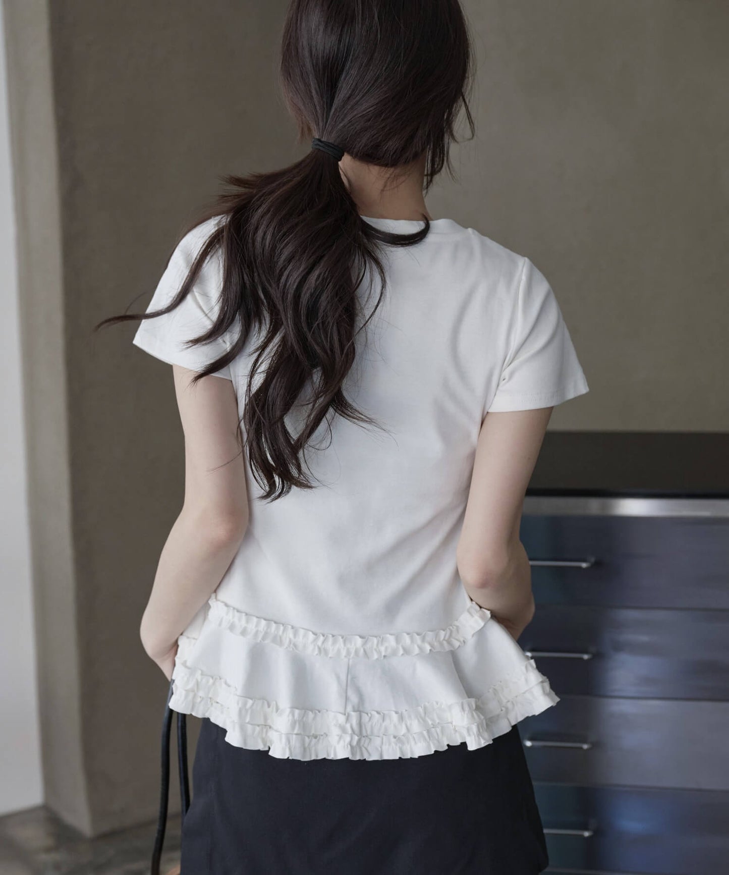 カンカンレースフリル レイヤード半袖Tシャツカットソー ラウンド