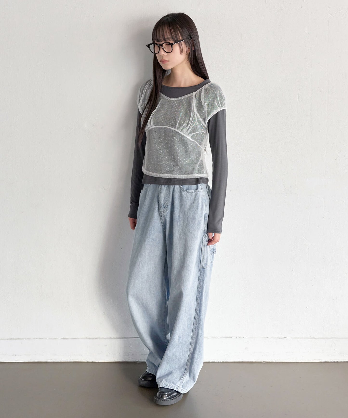 【UNE ORIGINAL】3WAYシースルーレイヤードドットショルダーパフ半袖T＆ラフUネックベーシックカットソーSET