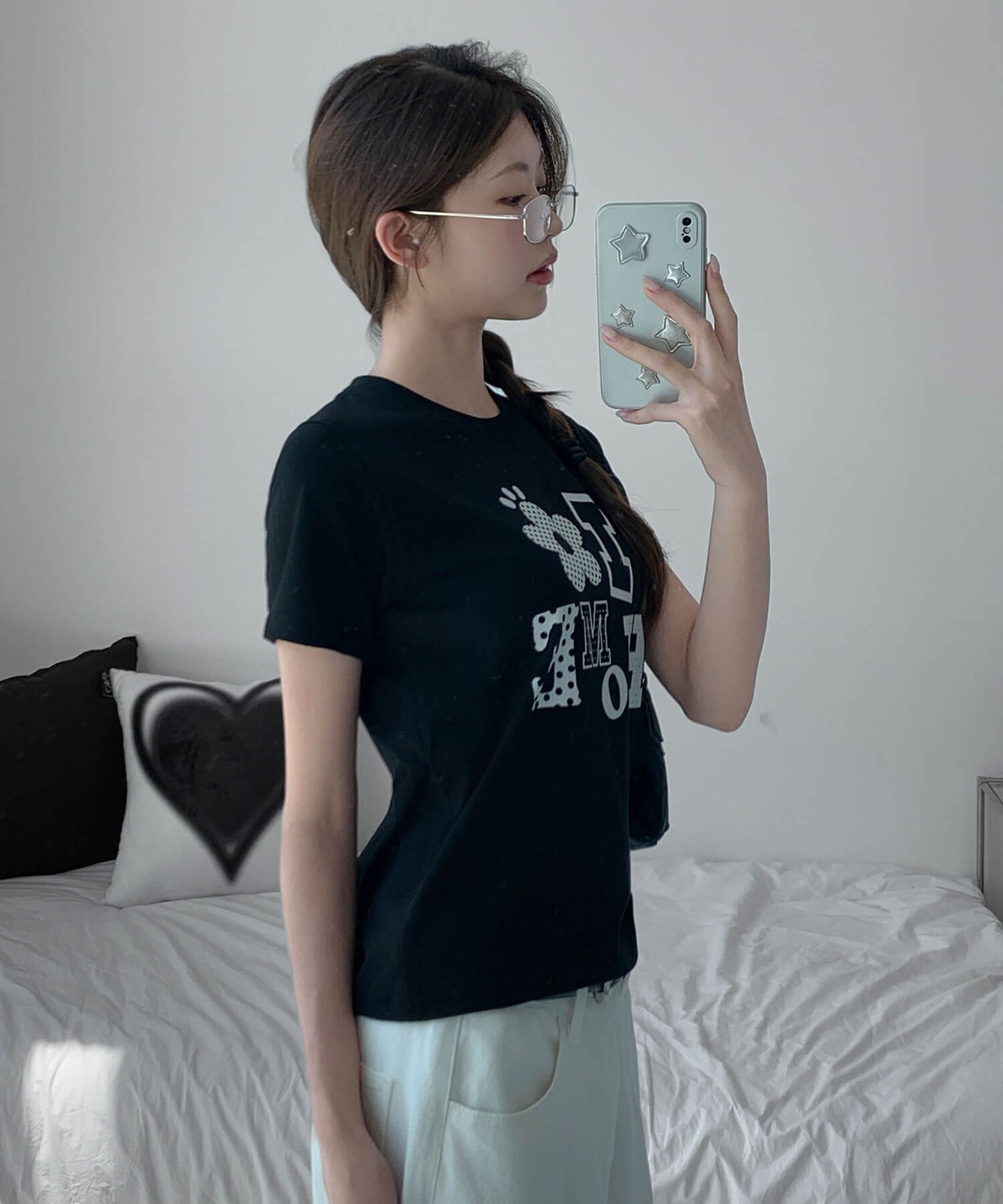 アロップホームDOTパターンフラワーアプリケットロゴクロップド半袖Ｔシャツ