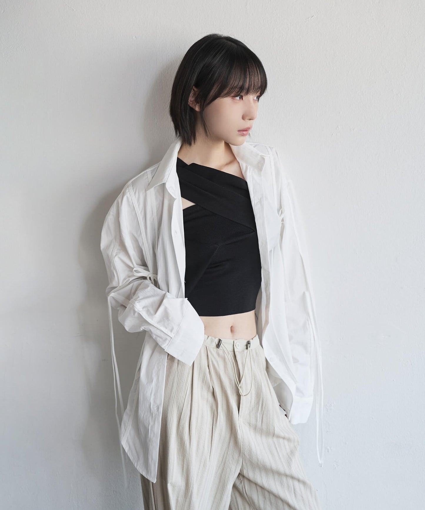 [UNE ORIGINAL]オーバーサイズフロントシャーリングリボンブラウスシャツ