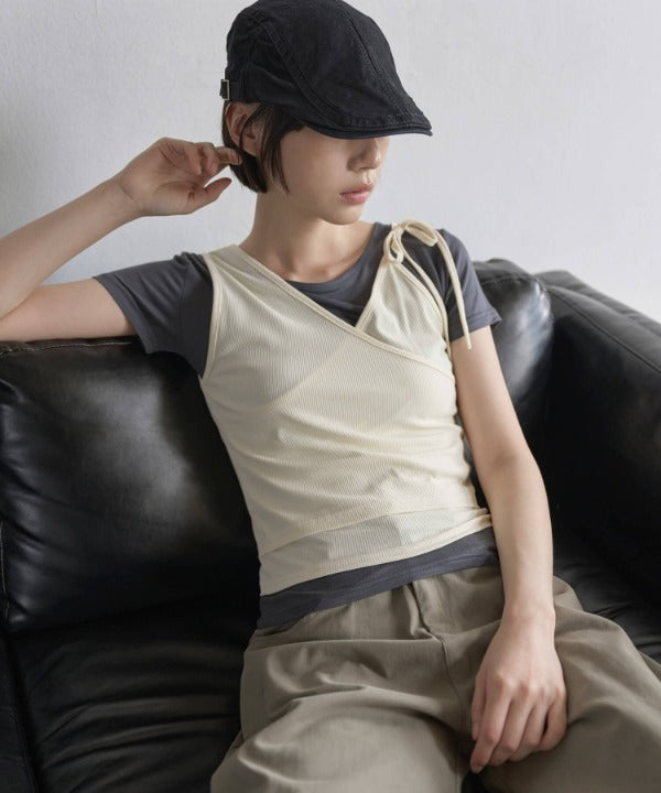 【UNE ORIGINAL】 2WAYユニークラブリーリブキャミソールビスチェ＆インナーTシャツカットソーSET