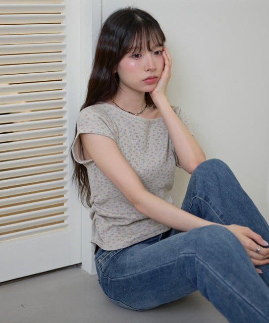 【オリジナル】【ボートネック/ワンショルダー】ワッフル素材×花柄パターンサイドシャーリングTシャツカットソー