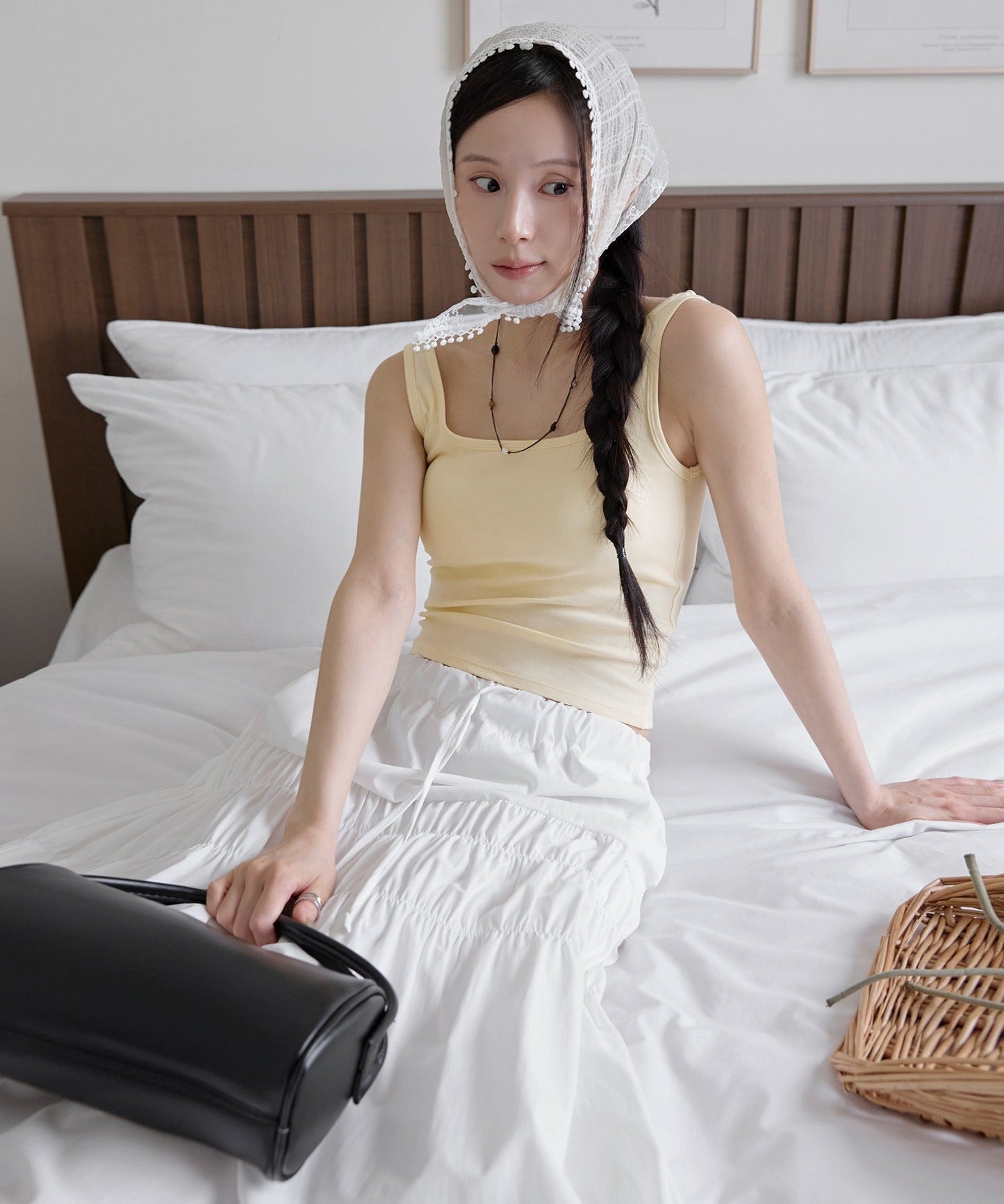 チェックレースフリルスカーフヘアーバンダナ