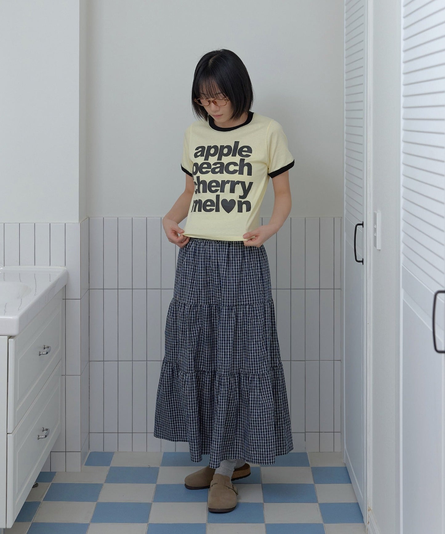 カジュアルフルーツレタリングリンガー半袖Tシャツ