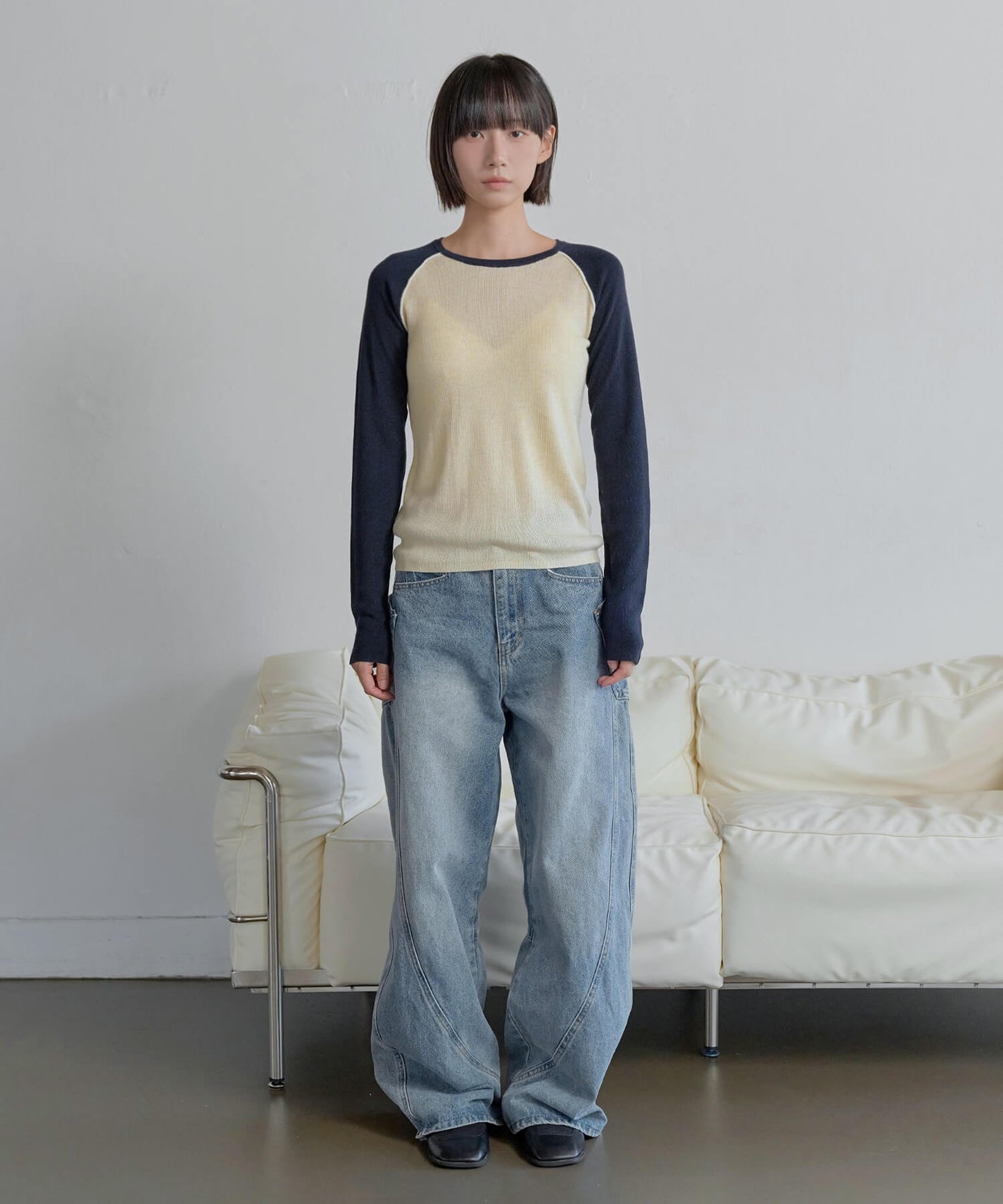 【UNE ORIGINAL】バイカラーラグランシンプルトーンニットTシャツ