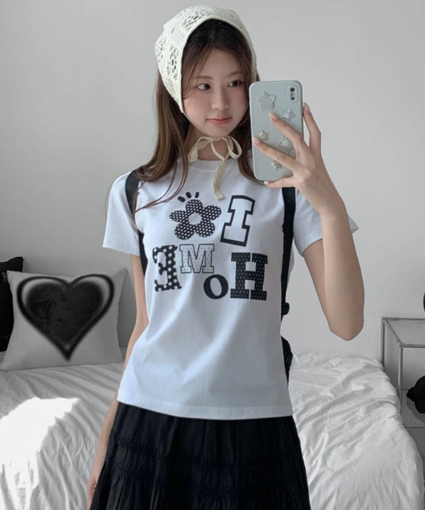 アロップホームDOTパターンフラワーアプリケットロゴクロップド半袖Ｔシャツ
