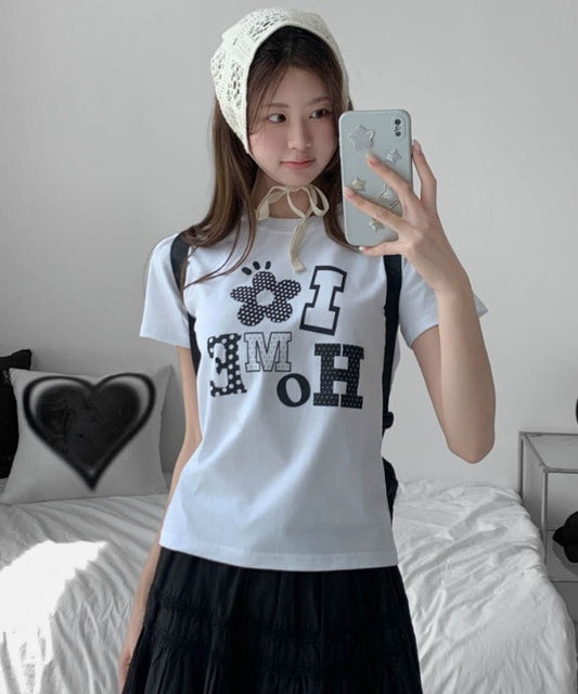 アロップホームDOTパターンフラワーアプリケットロゴクロップド半袖Ｔシャツ
