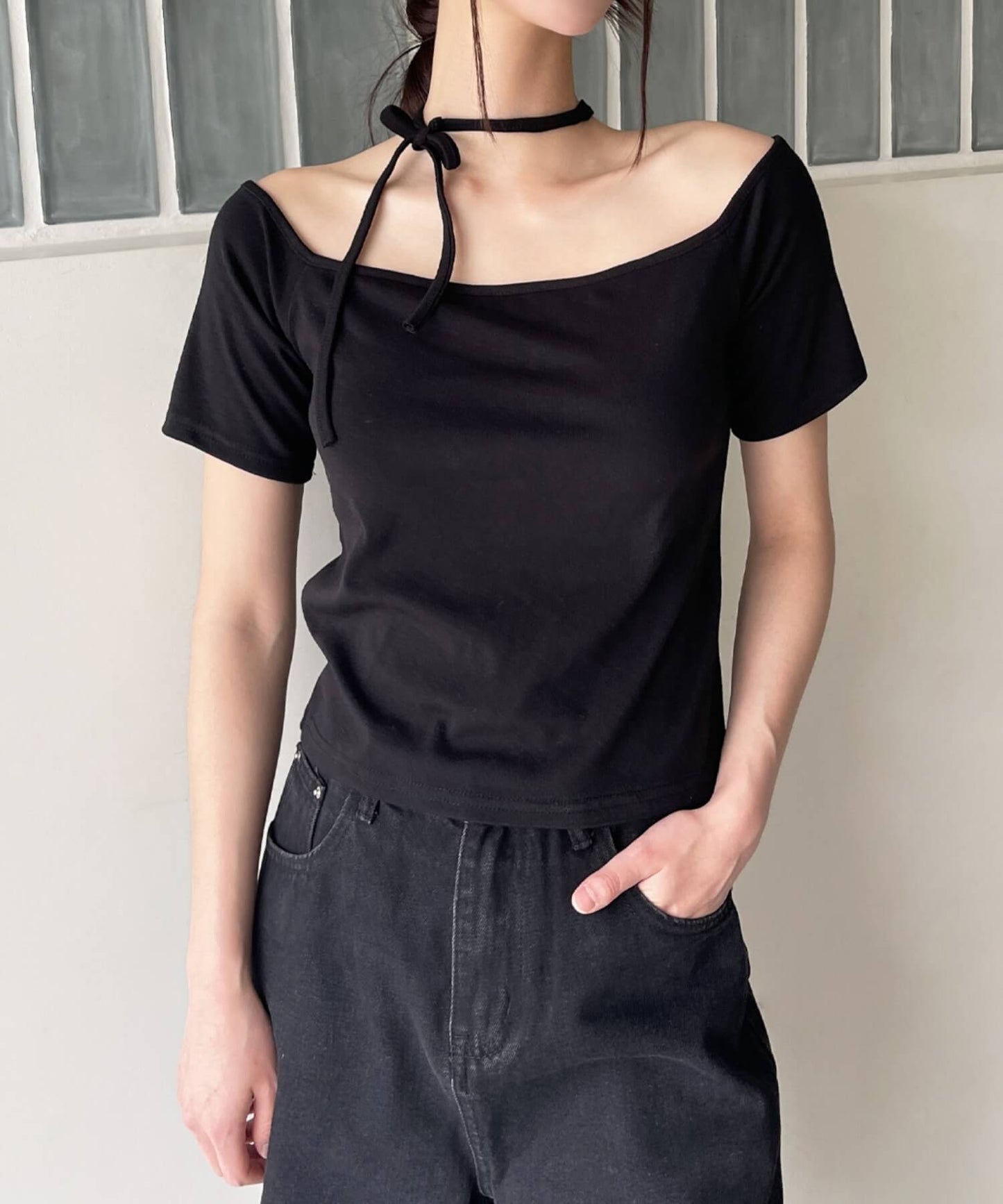 [UNE ORIGINAL]2wayホルターネックストリングリボンバックオープンTシャツカットソー