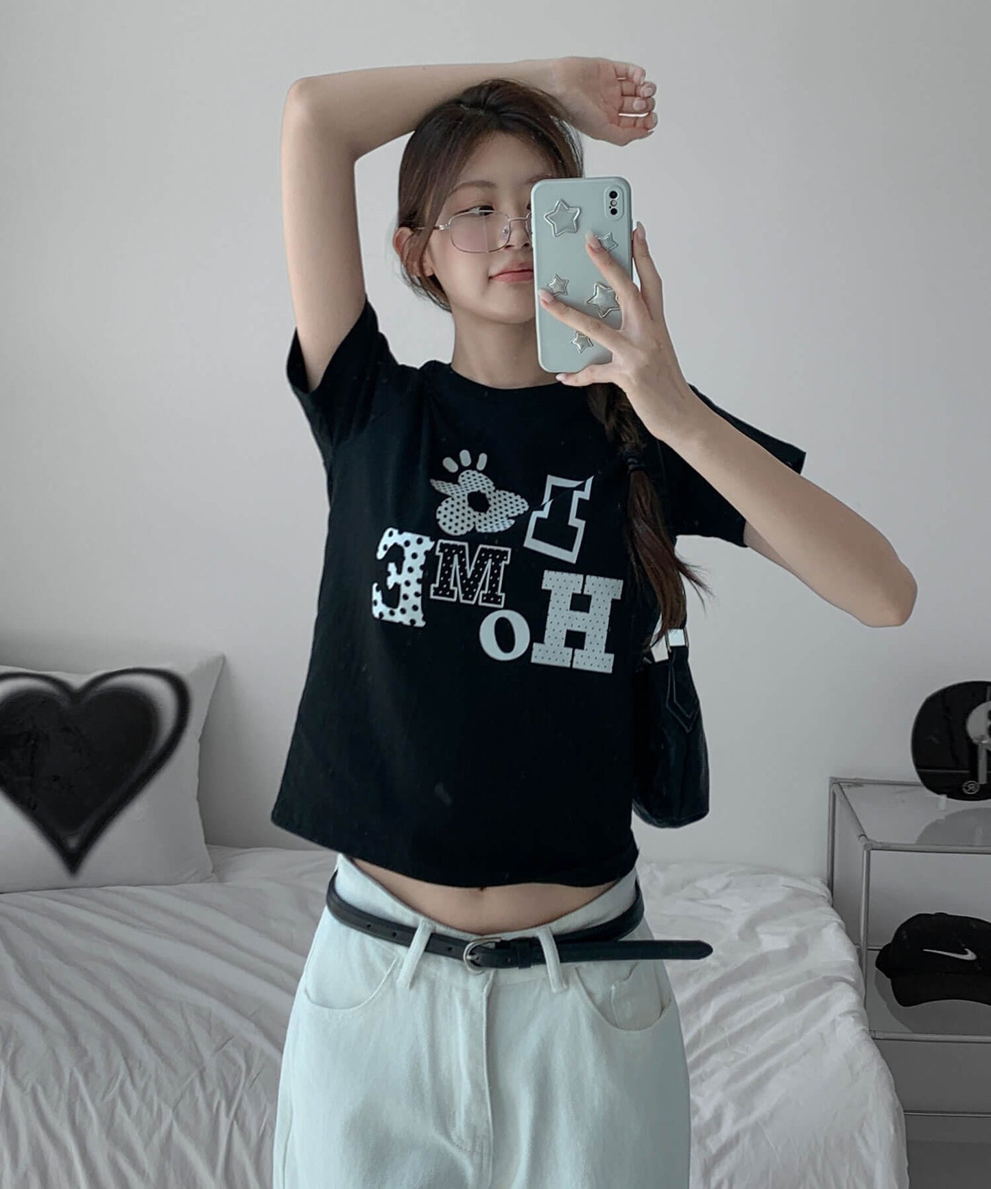 アロップホームDOTパターンフラワーアプリケットロゴクロップド半袖Ｔシャツ