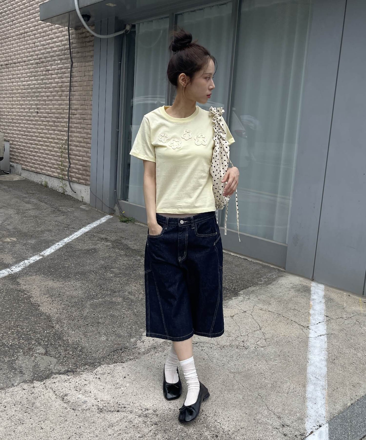 【ユニセックスデニム】ウェーブバルーンウォッシュドユニークサイドポケットバミューダハーフパンツデニム