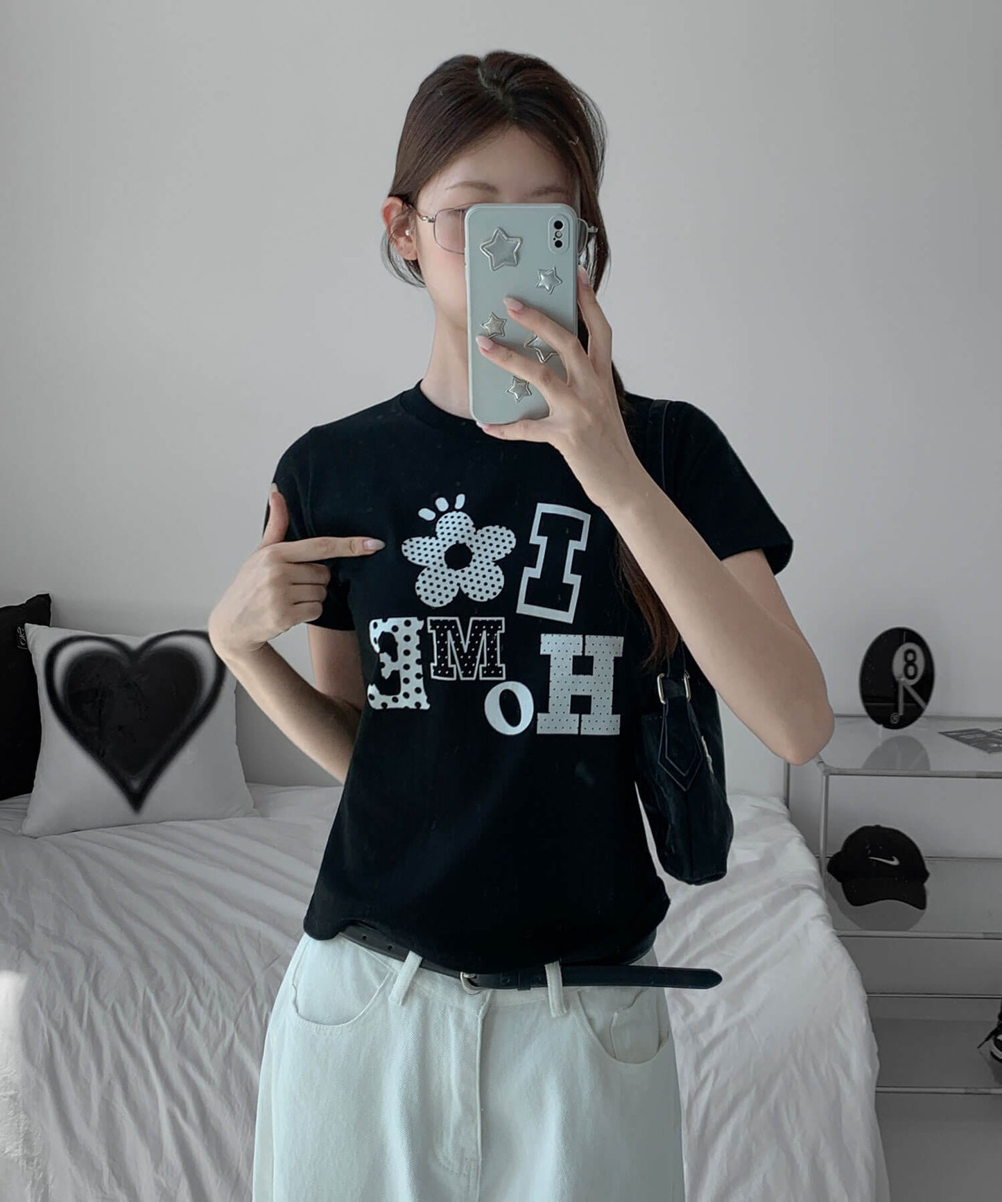 アロップホームDOTパターンフラワーアプリケットロゴクロップド半袖Ｔシャツ