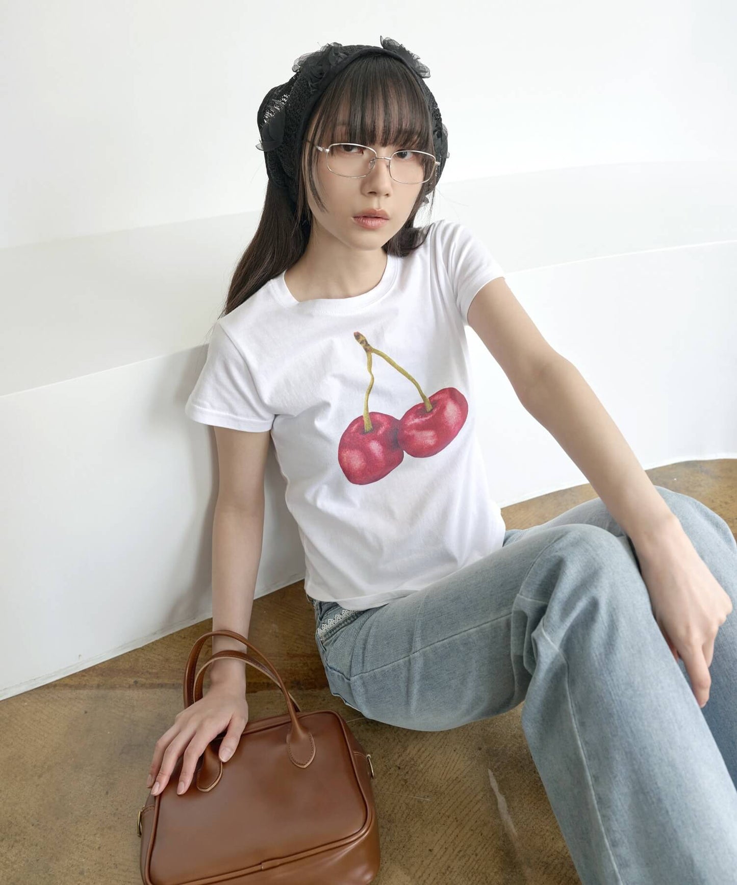 【UNE ORIGINAL】 サイドラウンドスリットフルーツプリントミニチビTシャツカットソー